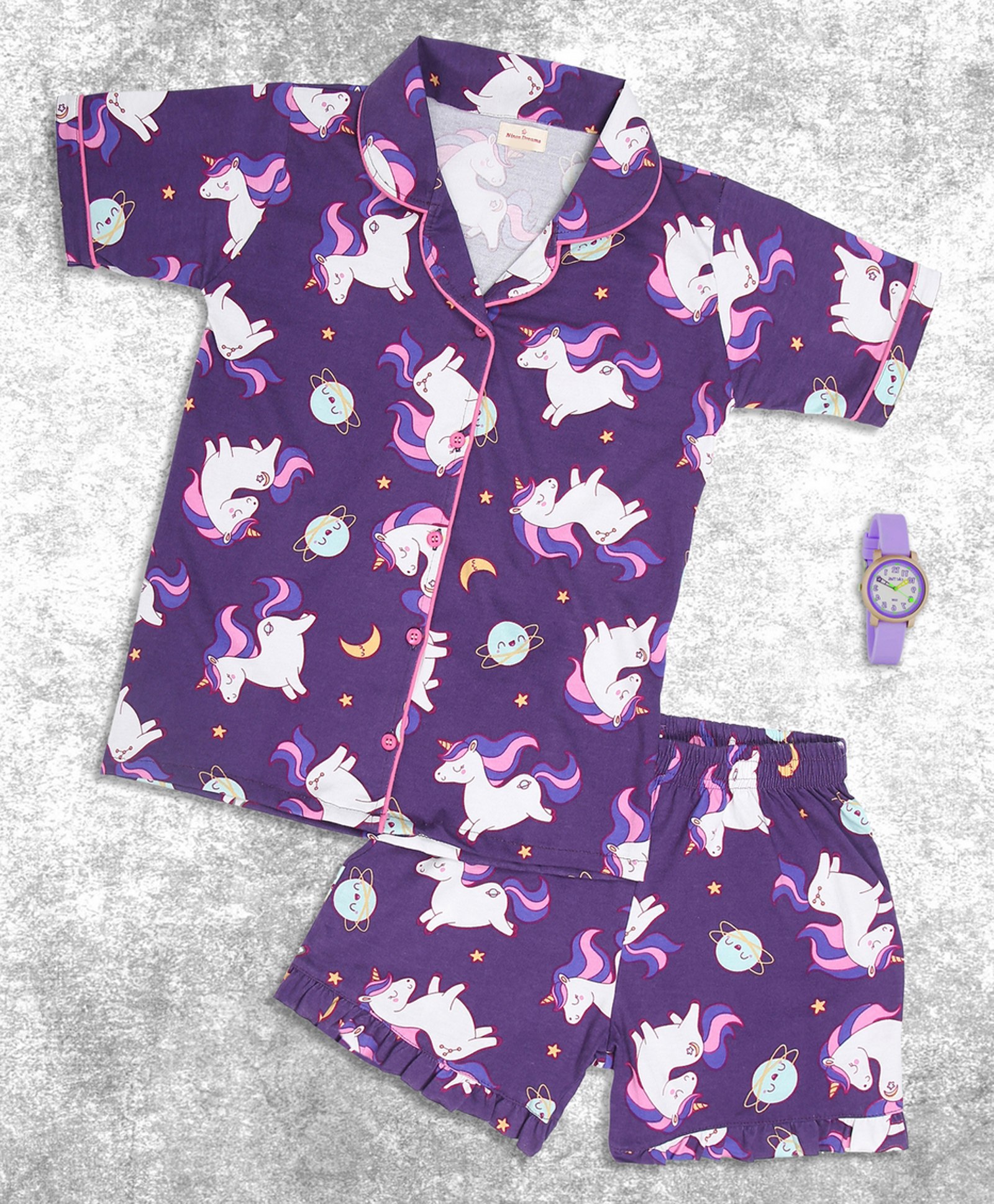 Ninos Dreams Half Sleeves Unicorn Printed Night Suit  - Purple-image-7