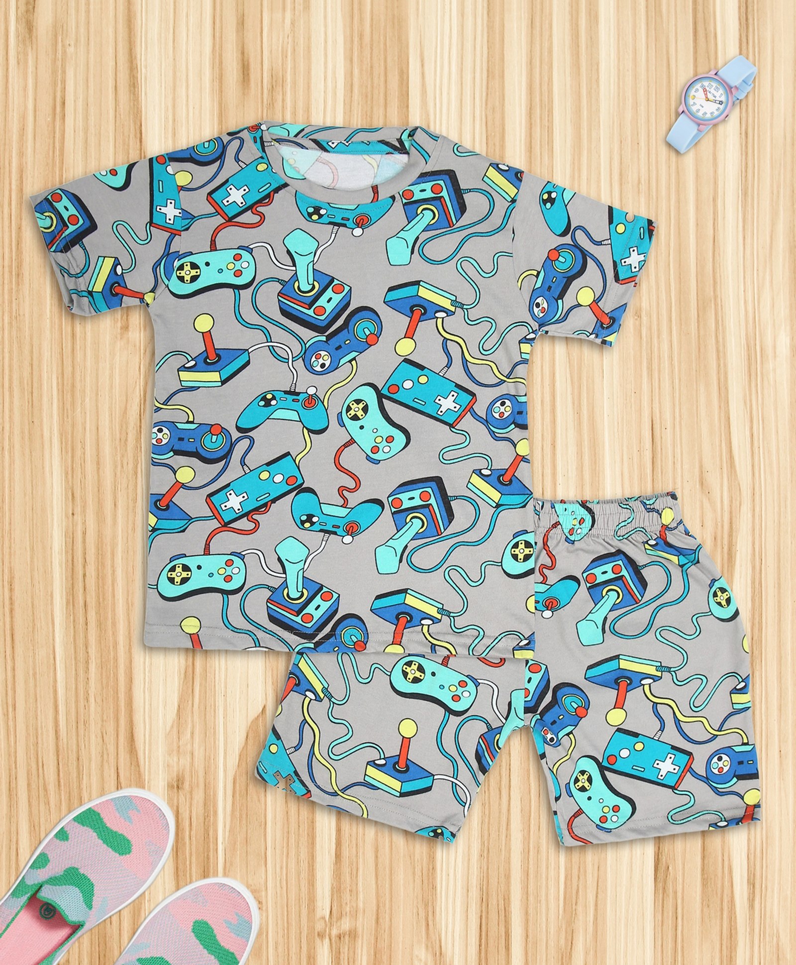 Ninos Dreams Half Sleeves Gamer Theme Video Game Console Printed Night Suit - Grey-image-23