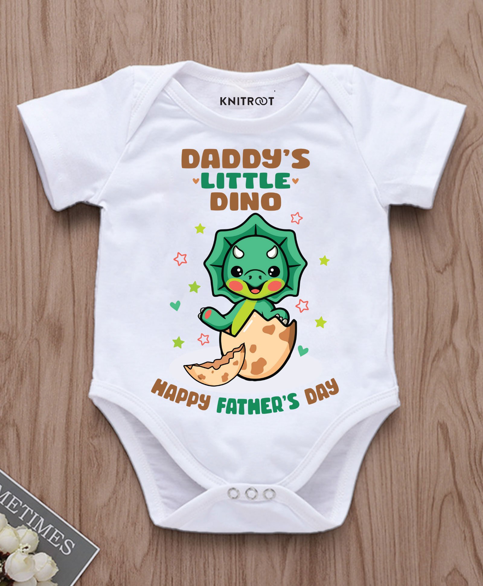 KNITROOT Father's Day Theme Half Sleeves Daddys Little Dino Printed Onesie - White-image-13