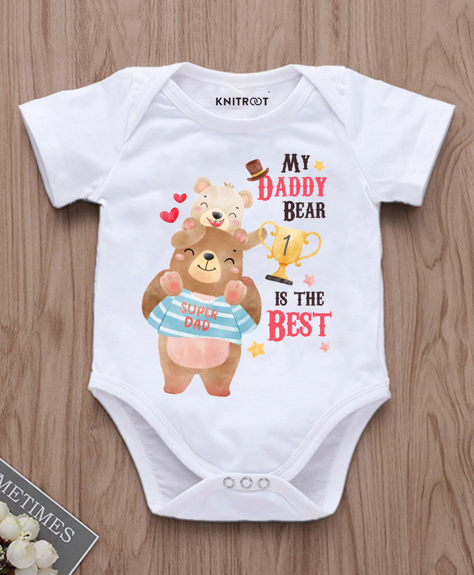 KNITROOT Father's Day Theme Half Sleeves Baby & Daddy Bear My Daddy Bear Is Best Printed Onesie - White-picture-17