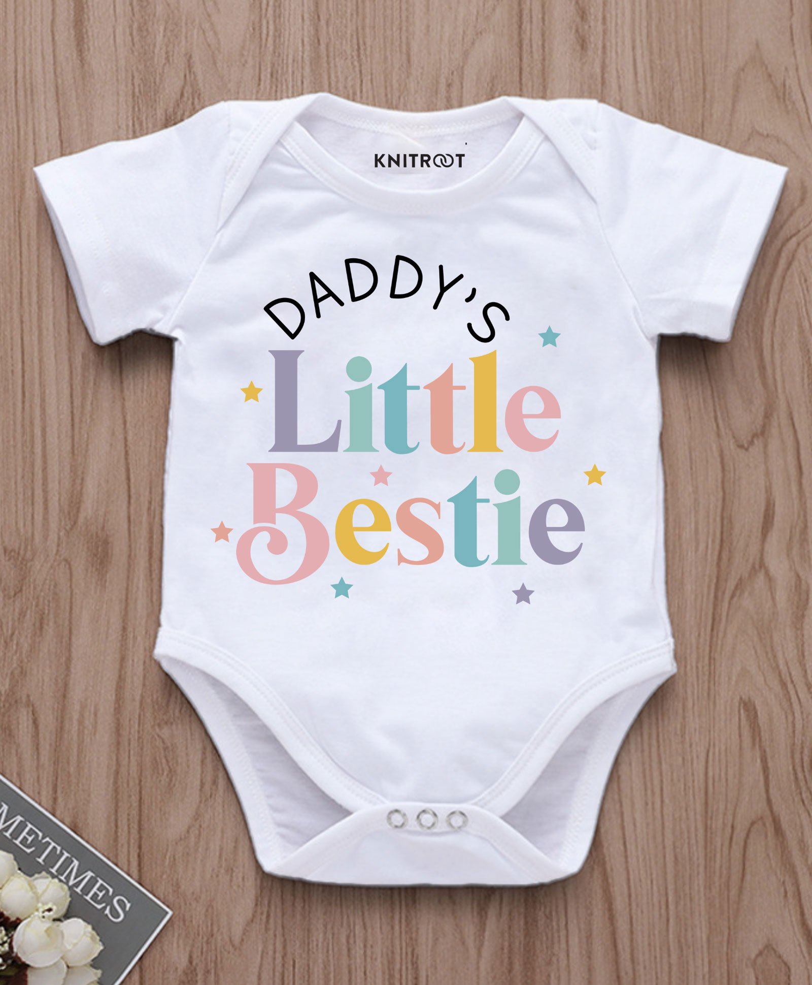 KNITROOT Father's Day Theme Half Sleeves Daddy's Little Bestie Printed Onesie - White-picture-16