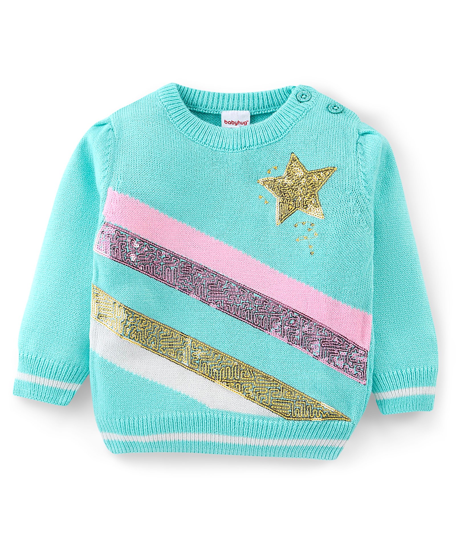 Babyhug 100% Acrylic Knit Full Sleeves Pullover with Sequin Detailing - Aqua Blue-image-10