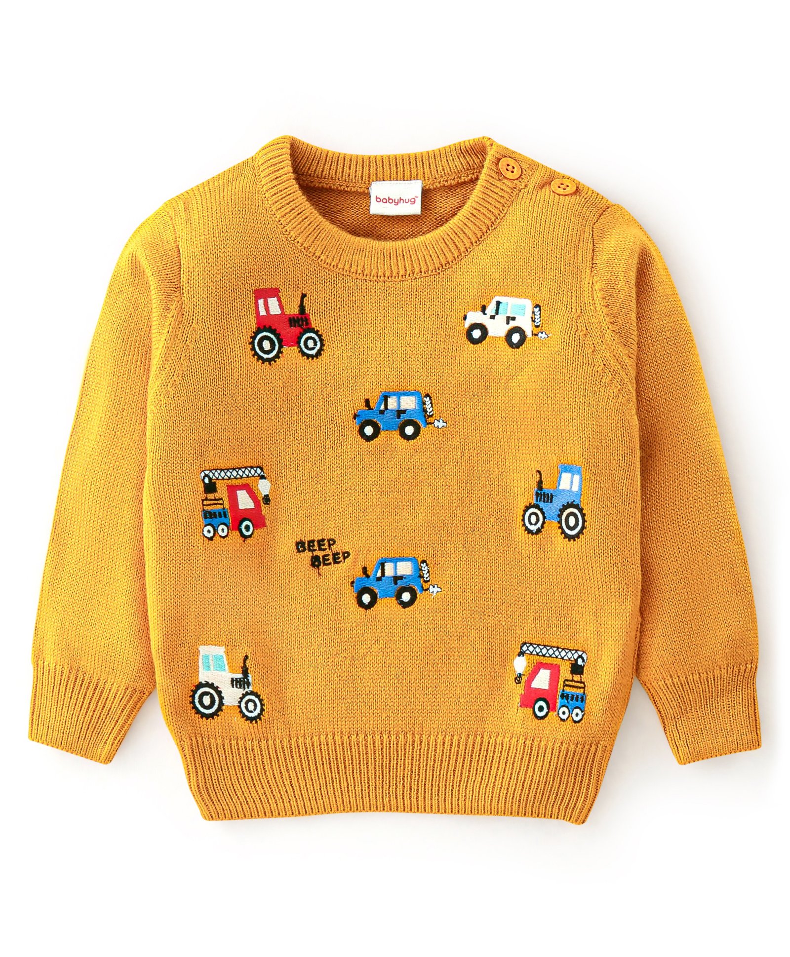 Babyhug 100% Acrylic Knit Full Sleeves Cars Embroidery Sweater - Yellow-picture-15