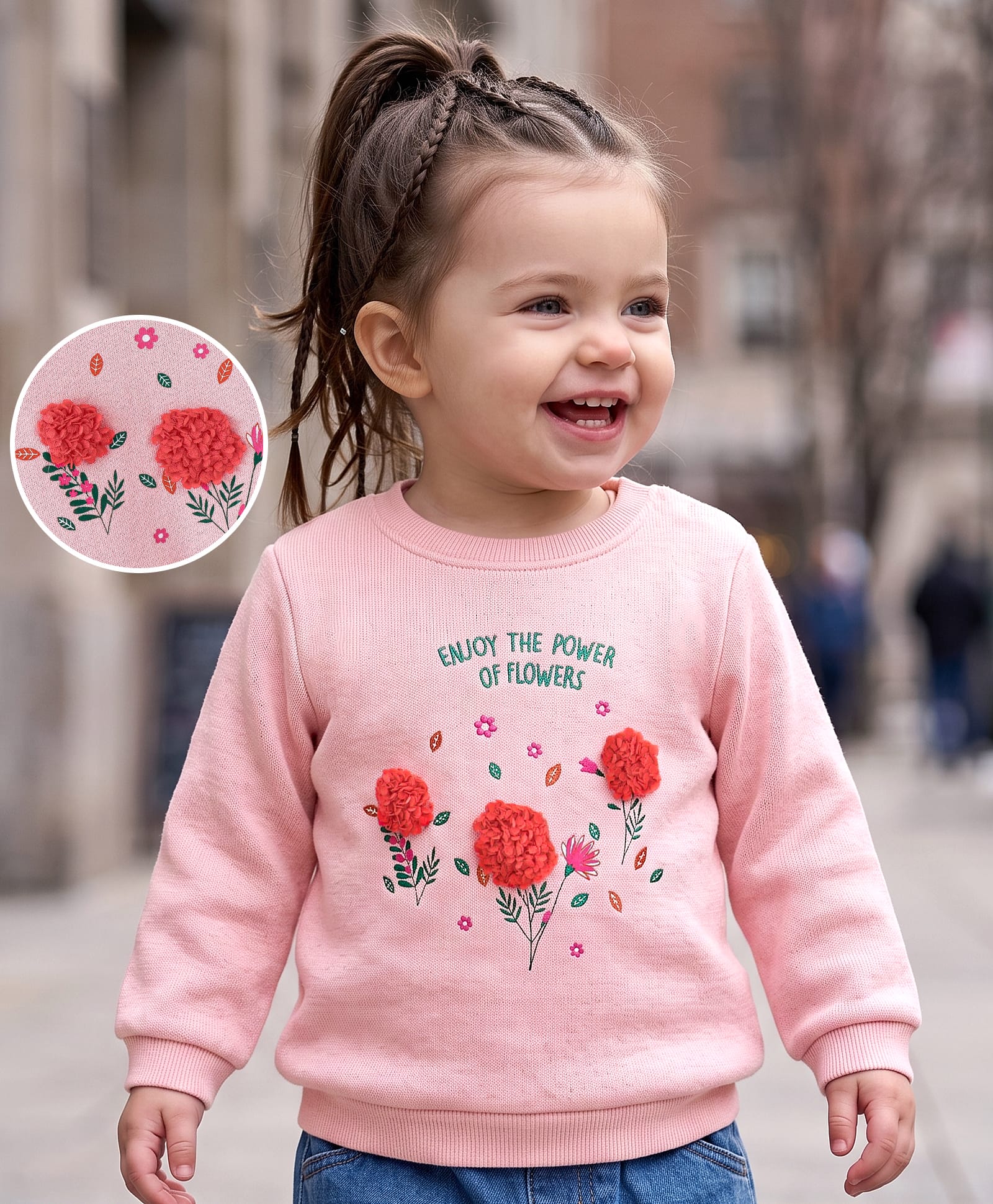 Babyoye Eco Conscious Cotton Full Sleeves Sweatshirt With Floral Applique & Text Embroidery - Pink-image-31