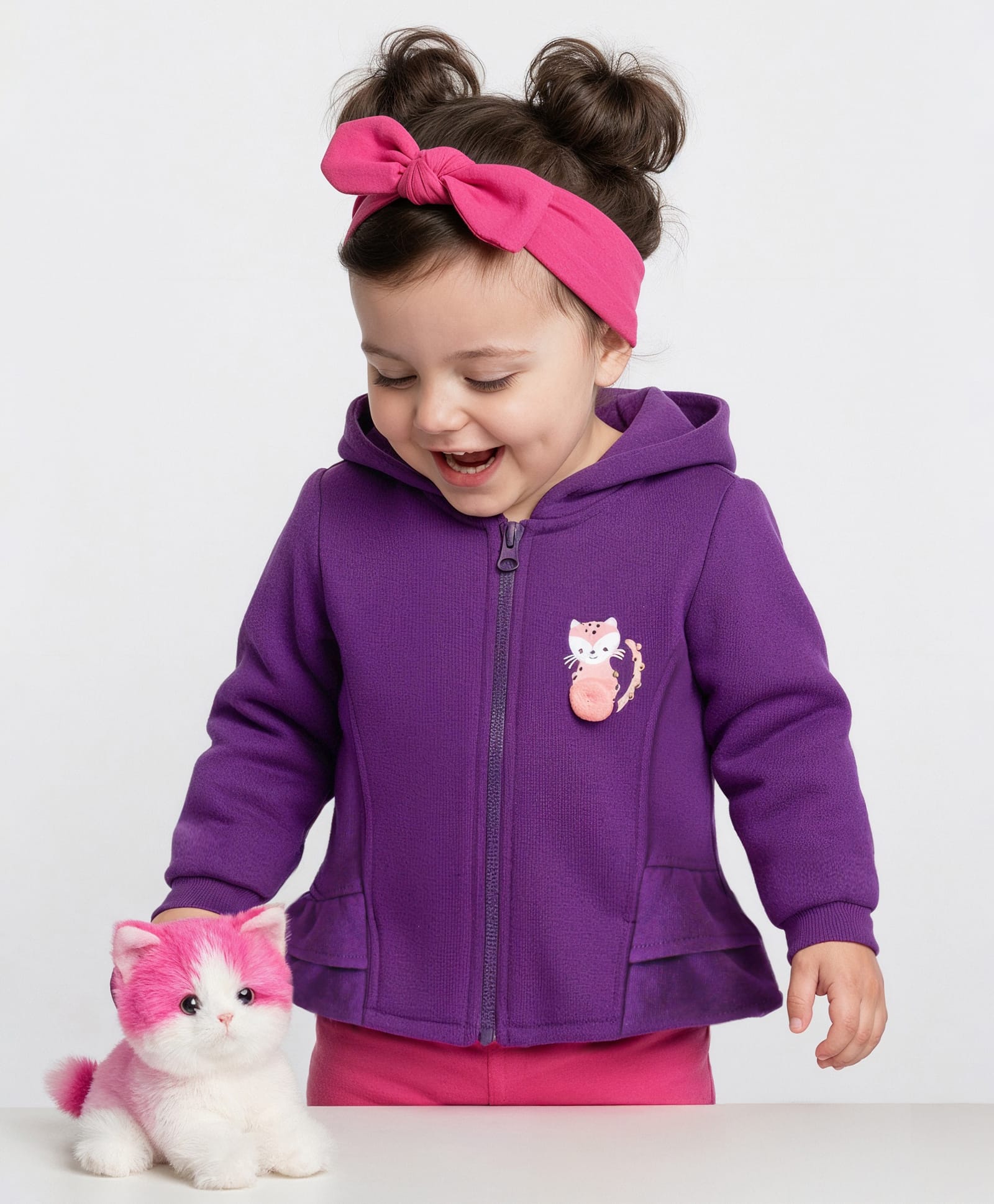Babyoye Eco Conscious Cotton Full Sleeves Hooded Sweatshirt With Lining & Kitty Print - Purple
