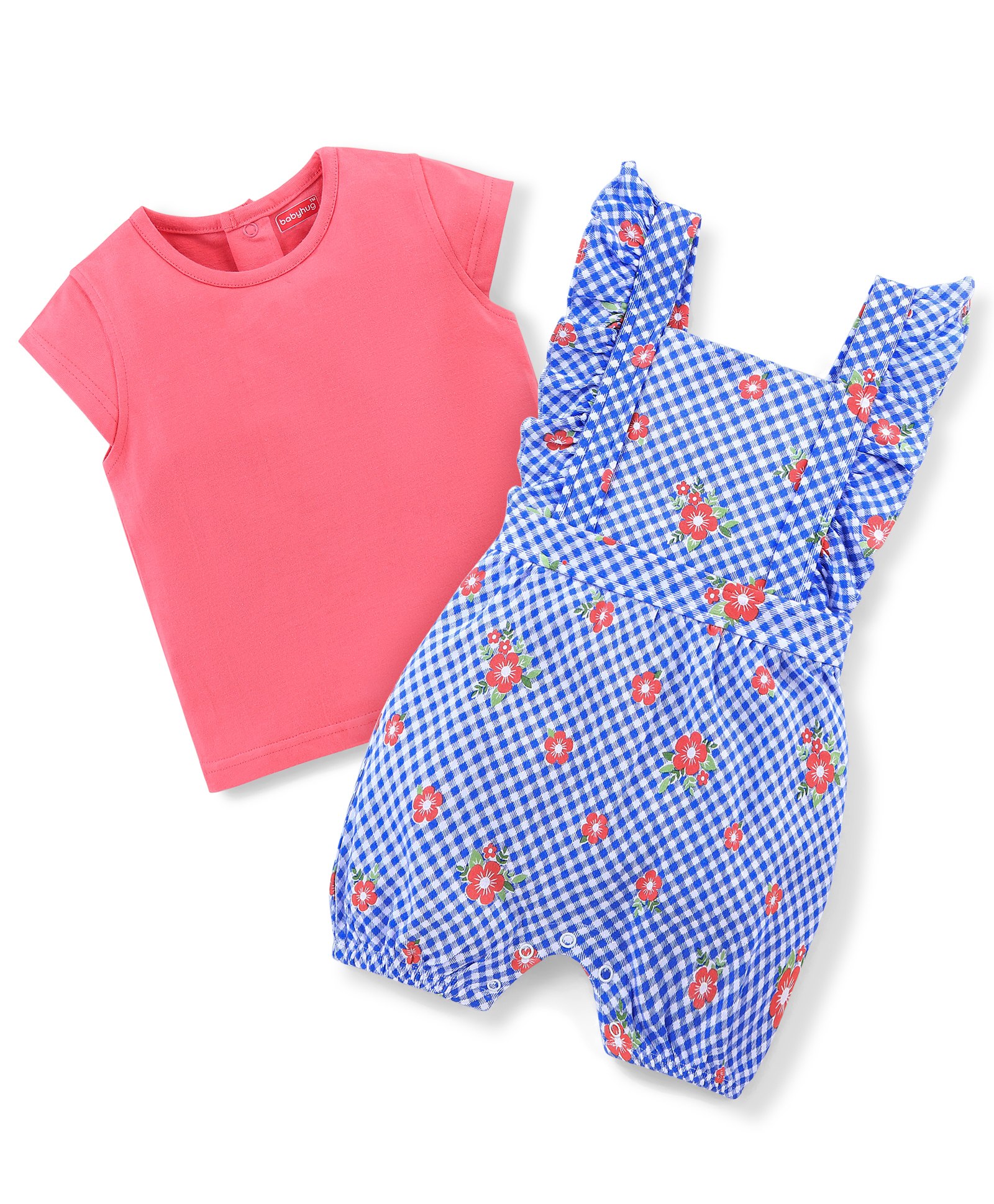 Babyhug Single Jersey Cotton Knit Checked Dungaree with Half Sleeves Tee Floral Print - Coral & Blue-picture-15