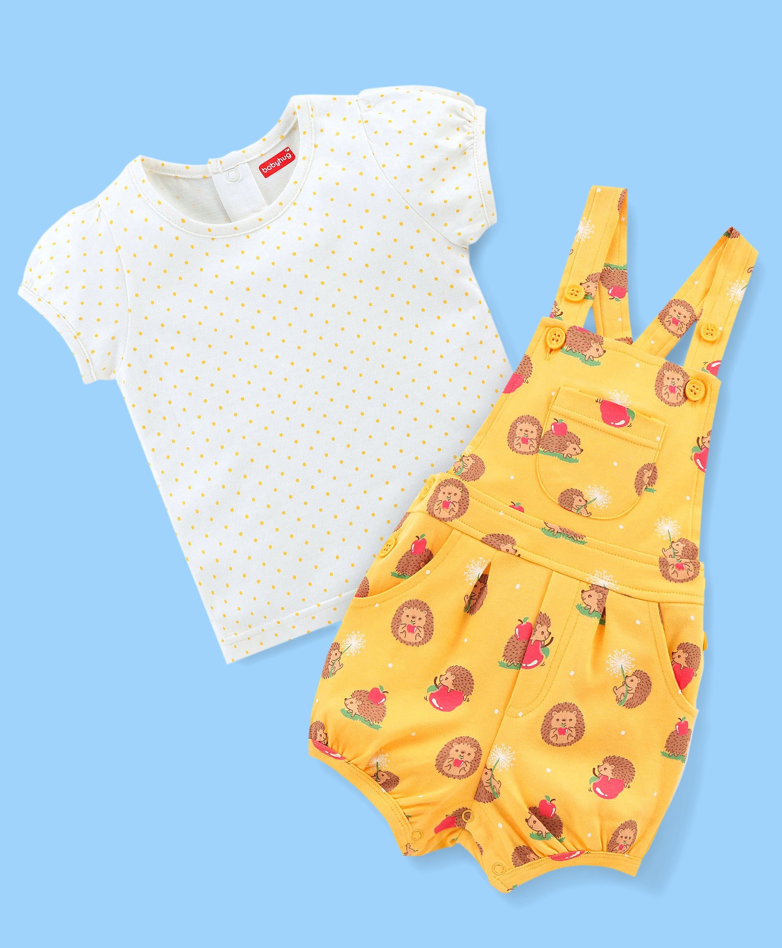 Babyhug Single Jersey Cotton Knit Dungaree with Polka Dotted Half Sleeves Tee Hedgehog Print - Pink & Yellow-picture-16