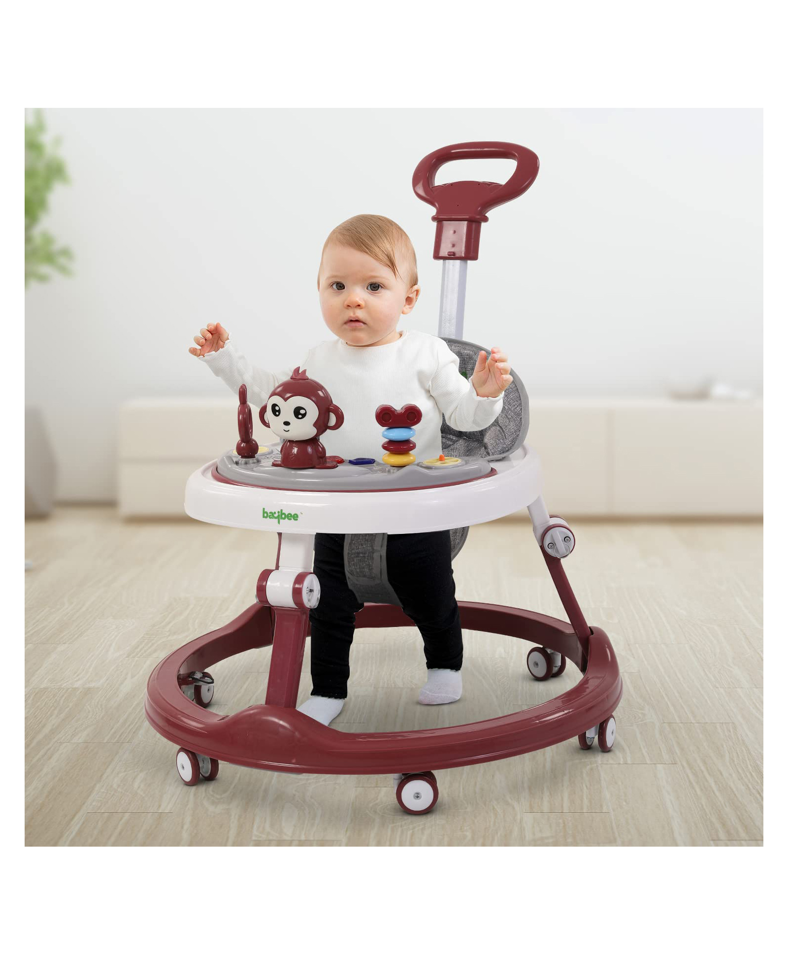 Baybee Walker with 4 Height Adjustable Parental Push Handle Foot Mat & Musical Rattle Toy Bar Walker - Red-image-7