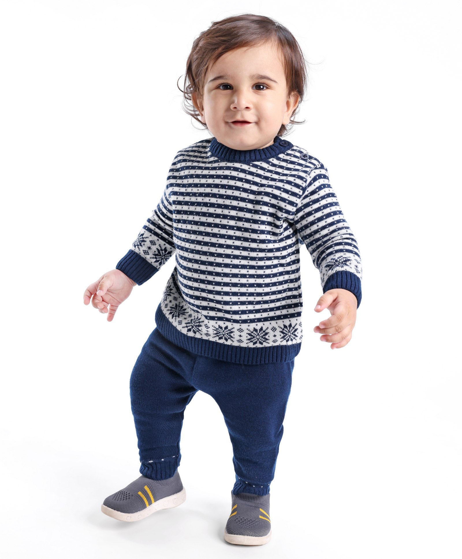 Babyhug Acrylic Full Sleeves Striped Sweater with Pants Set - Navy Blue-image-38