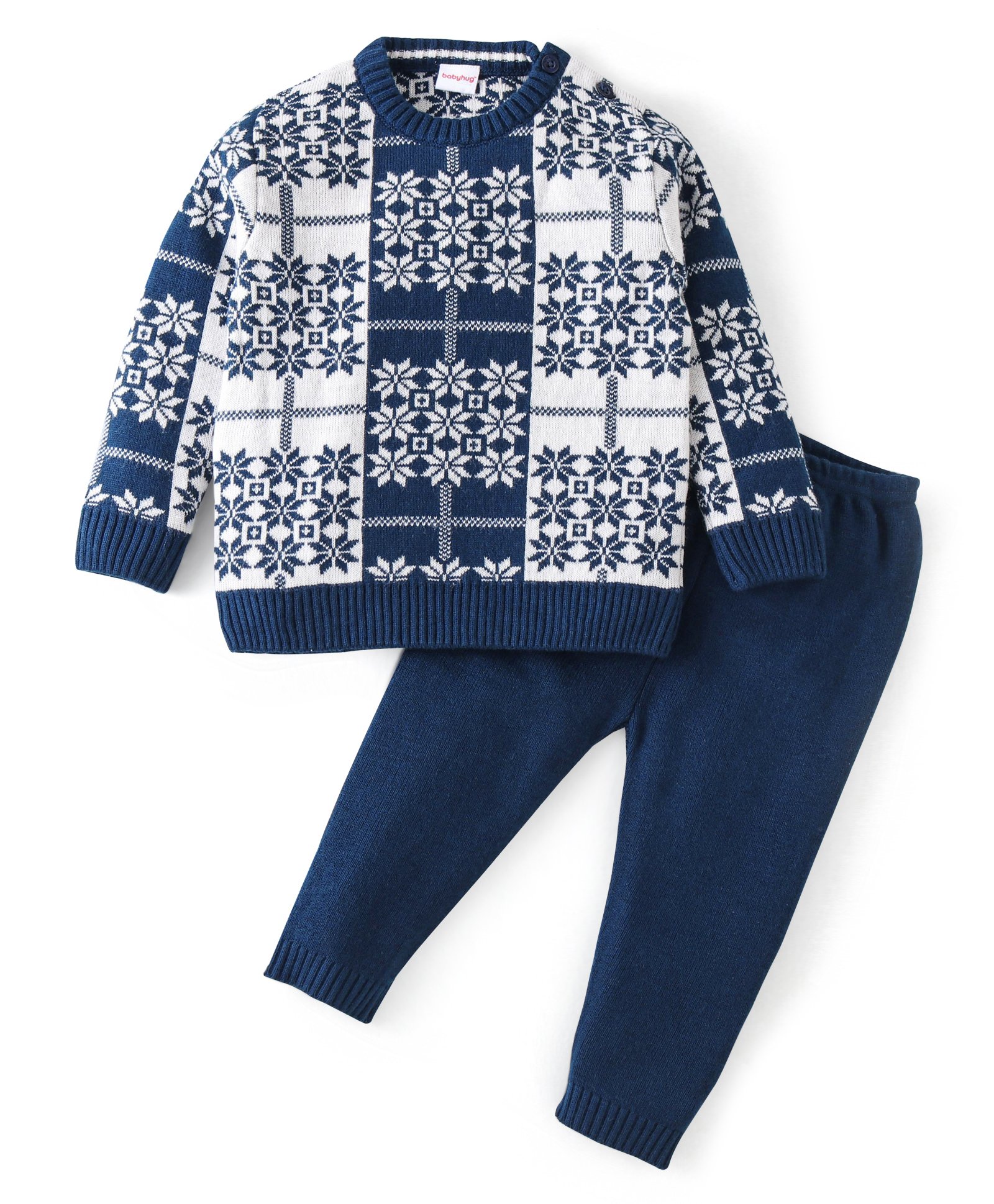 Babyhug 100% Acrylic Knit Full Sleeves Sweater Set Snowflakes Design - Navy Blue-image-7