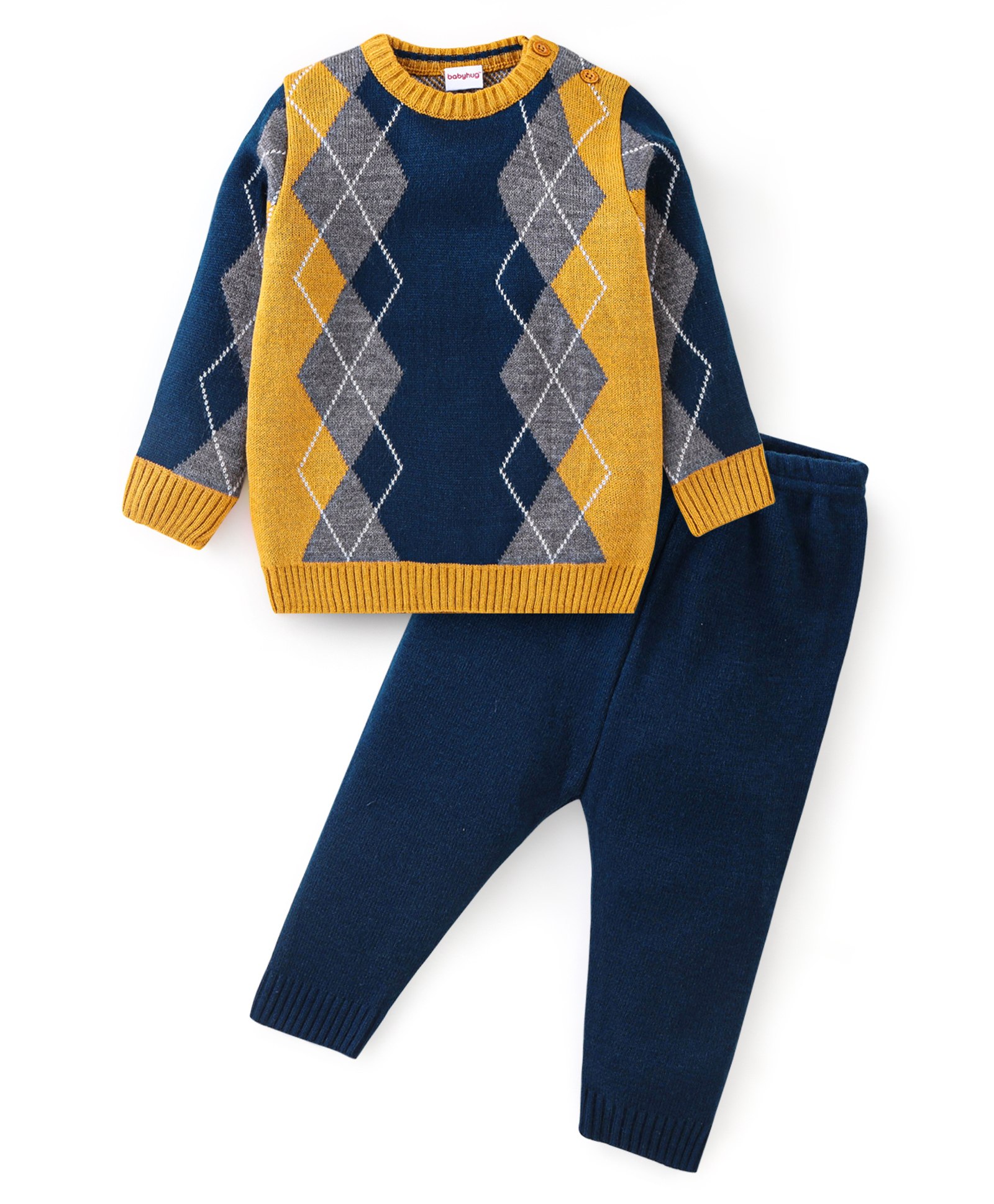 Babyhug Full Sleeves Sweater Set Intarsia Design- Navy Blue & Mustard-image-34