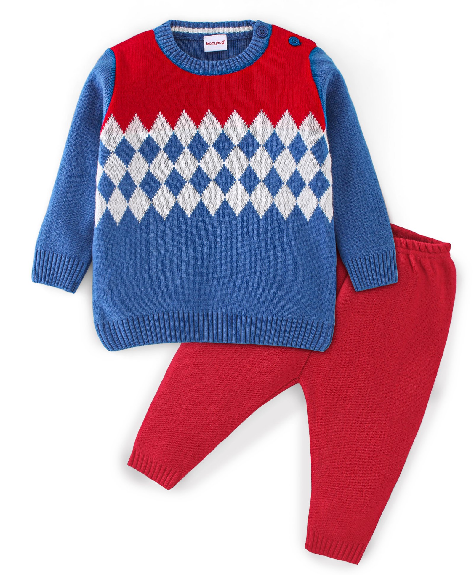 Babyhug 100% Acrylic Knit Full Sleeves Sweater Set Checks Design - Red & Blue-image-23
