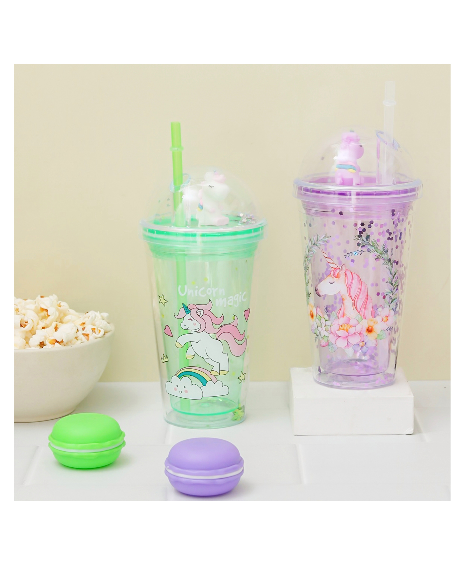 The Procure Store Unicorn Printed Glittery Transparent Sipper With Unicorn Motif Lid - Green-image-27