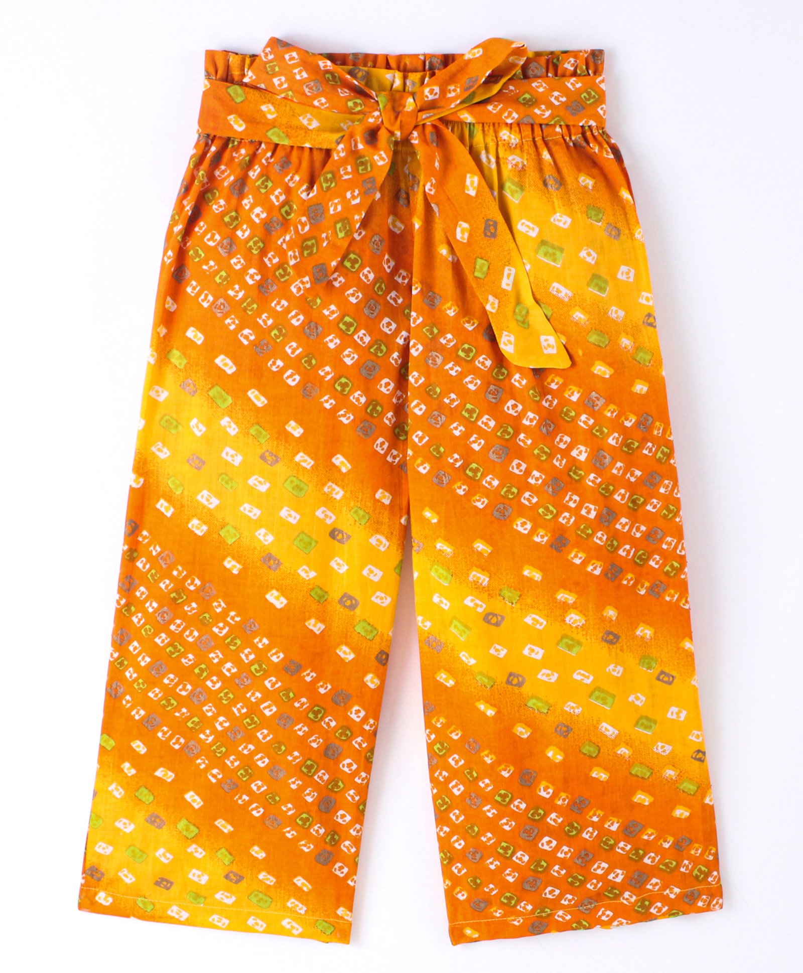 CrayonFlakes Seamless Bandhej Design Printed & Paperbag Waist Detailed Belted Palazzo - Yellow-picture-15