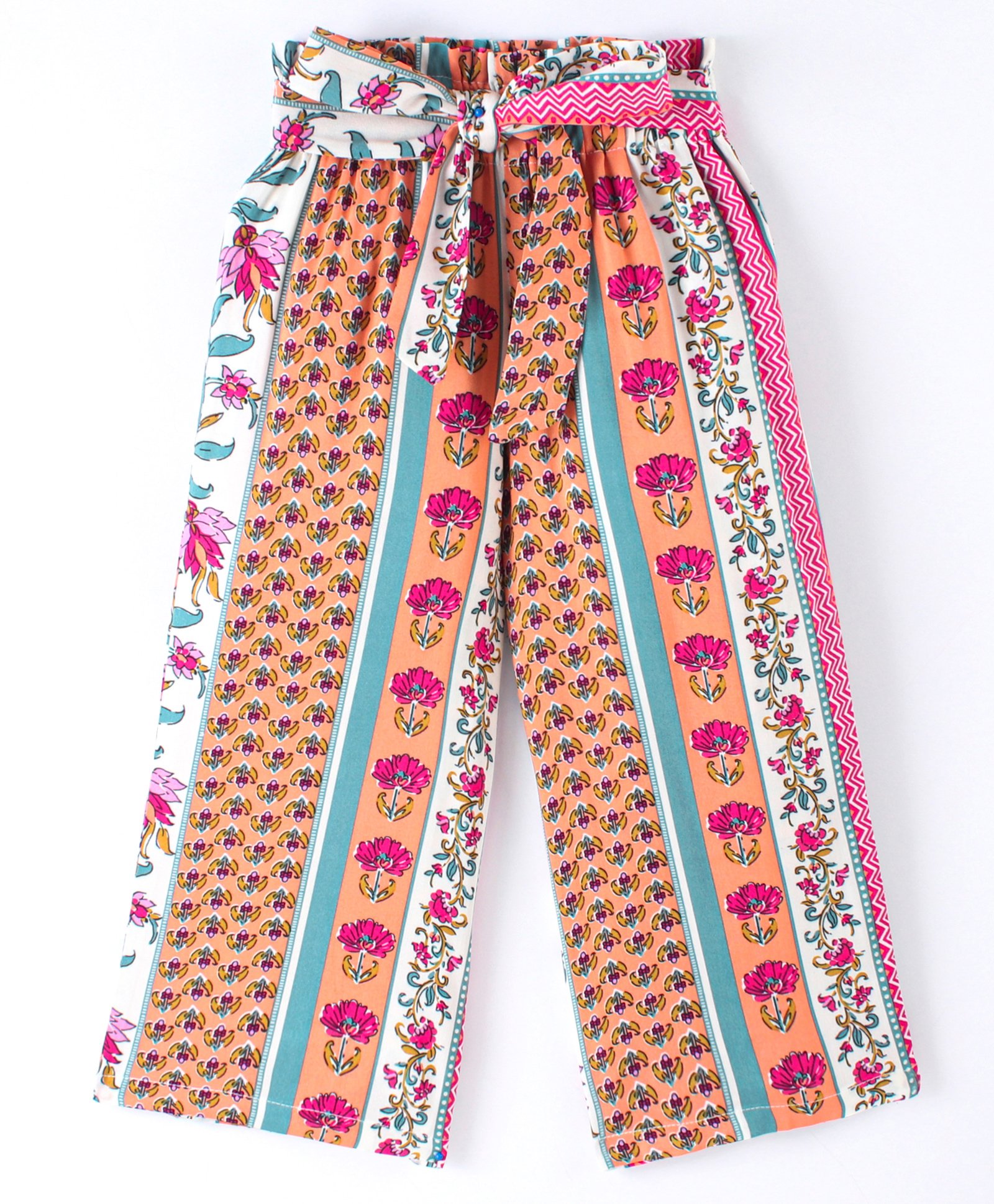 CrayonFlakes Seamless Floral Striped Pattern Printed & Paperbag Waist Detailed Belted Palazzo - Pink-picture-13