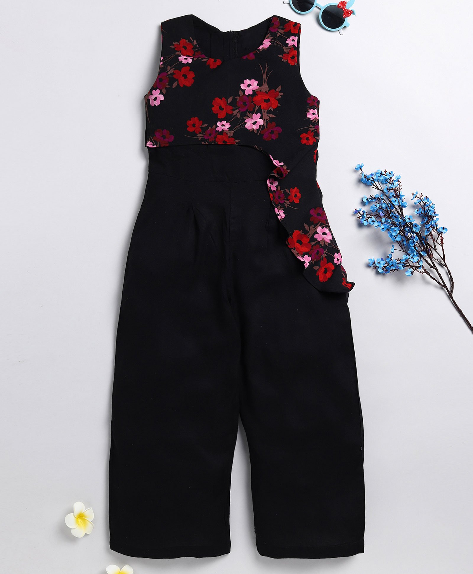 Little Marine Sleeveless Flowers Printed & Flounce Detailed Jumpsuit - Black-picture-43