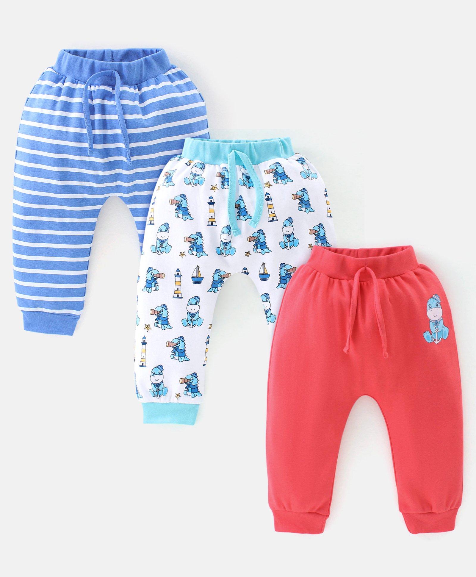 Babyhug Cotton Full Length Diaper Pants Stripes & Dino Print Pack Of 3- Red Blue & White-image-45
