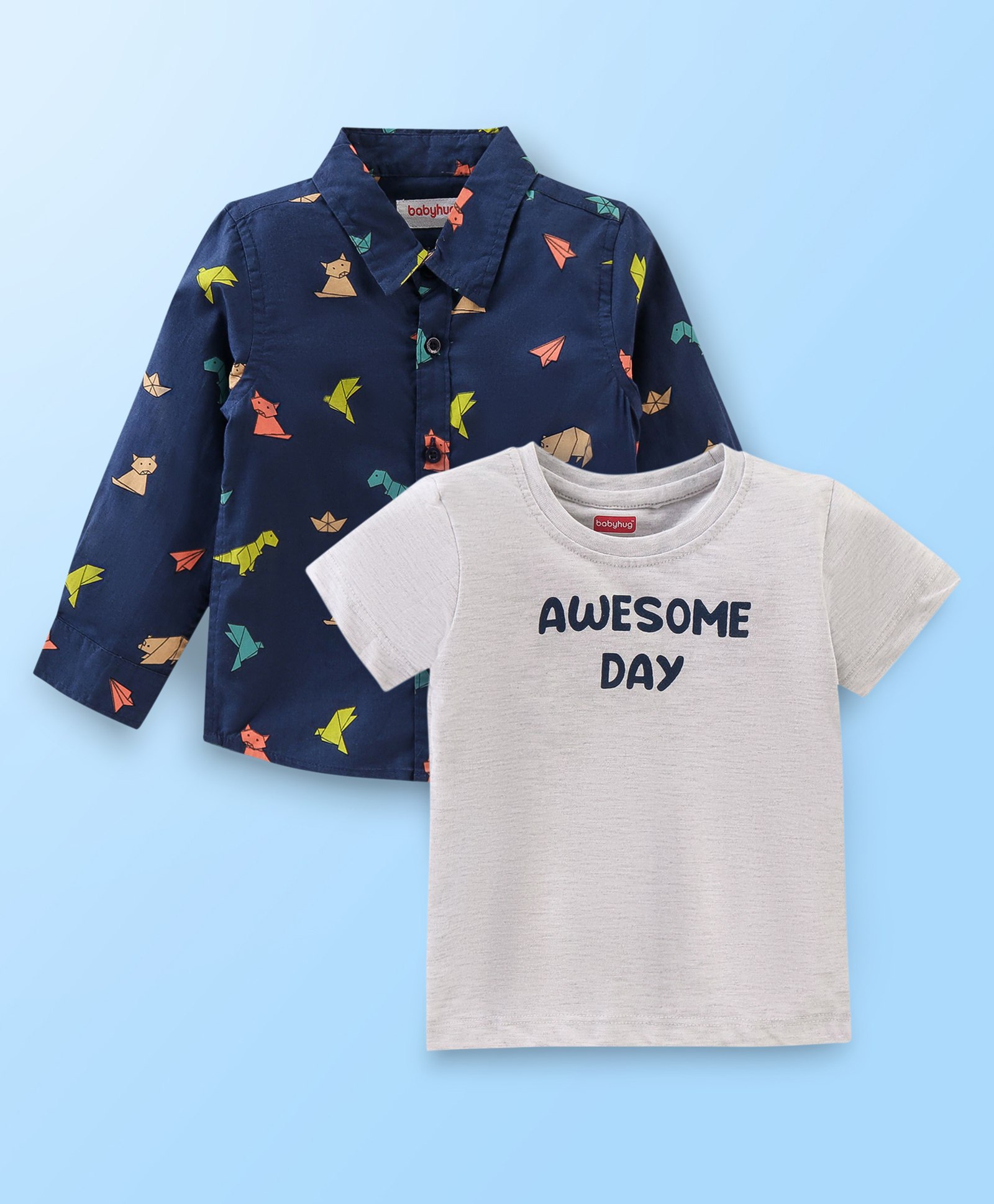 Babyhug Cotton Woven Full Sleeves Shirt With T-Shirt With Text & Animals Print - Navy Blue & White-picture-13