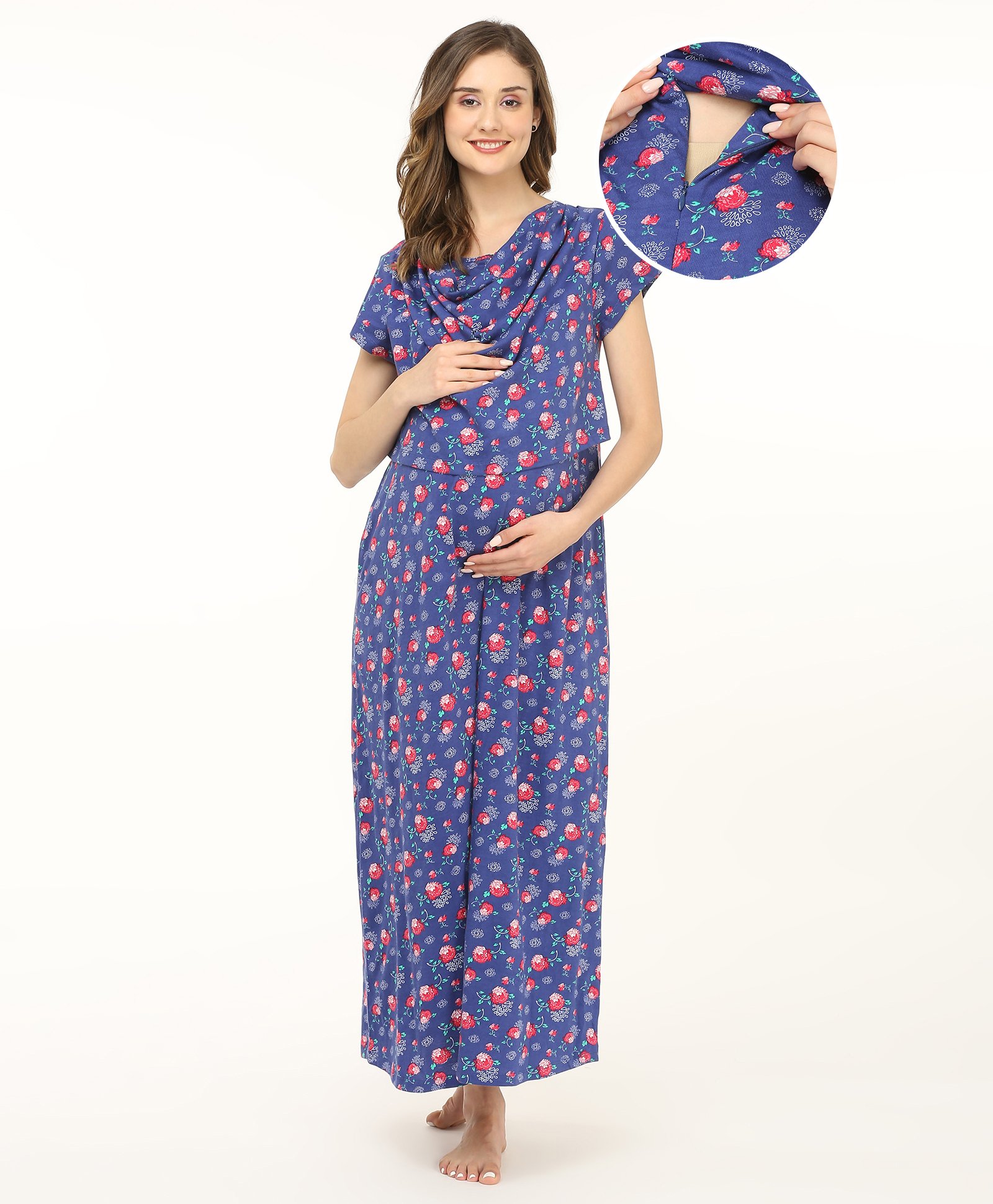 Bella Mama 100% Cotton Knit Half Sleeves Maternity Nighty With Concealed Zipper Floral Print - Blue-picture-32