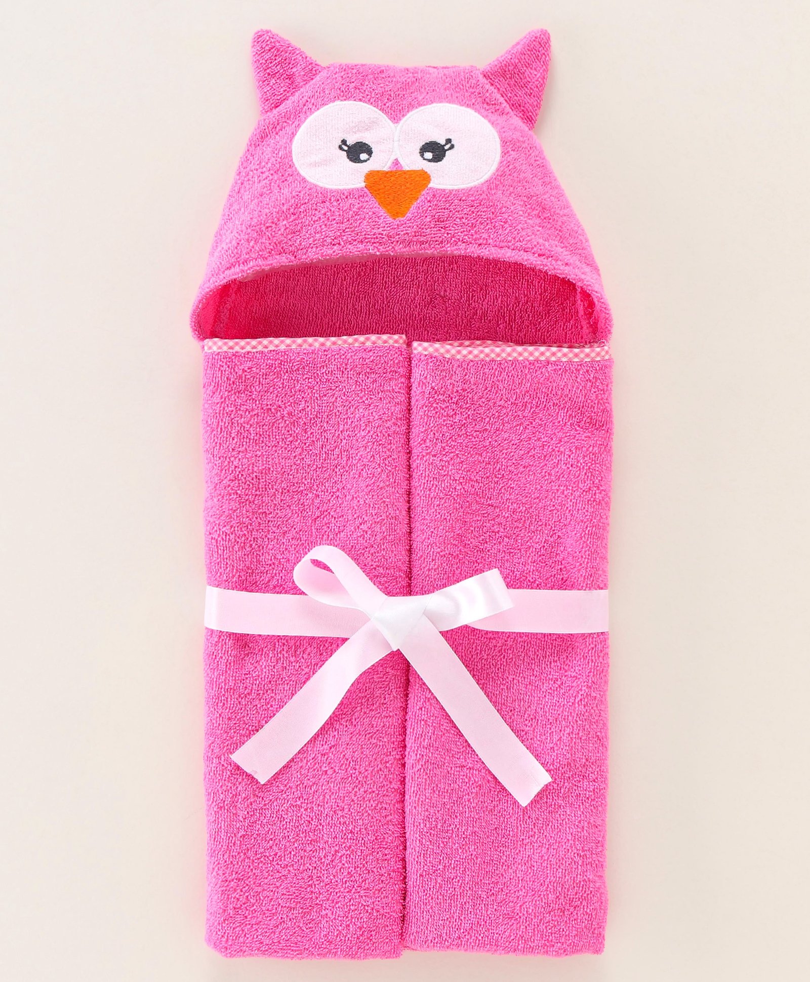 Babyhug Hooded Cotton Towel With Owl Embroidery - Pink-image-5