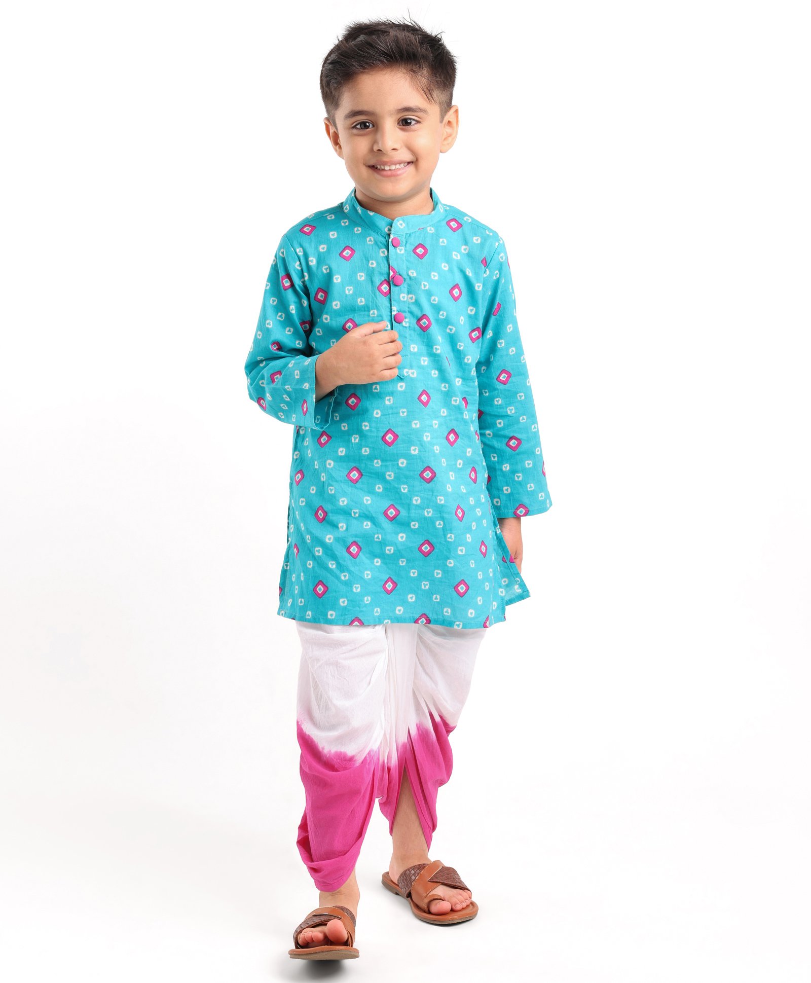 Saka Designs Full Sleeves Cotton Geometric Print Kurta Tie Dye Dhoti Set - Pink & Blue-image-17