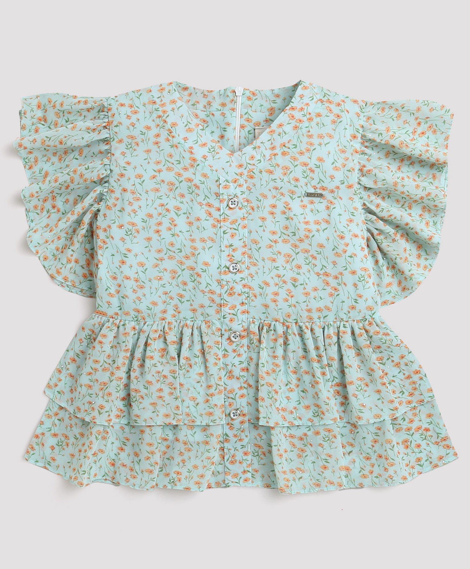 Tiny Girl Short Flutter Sleeves Floral Printed Top - Green-picture-6