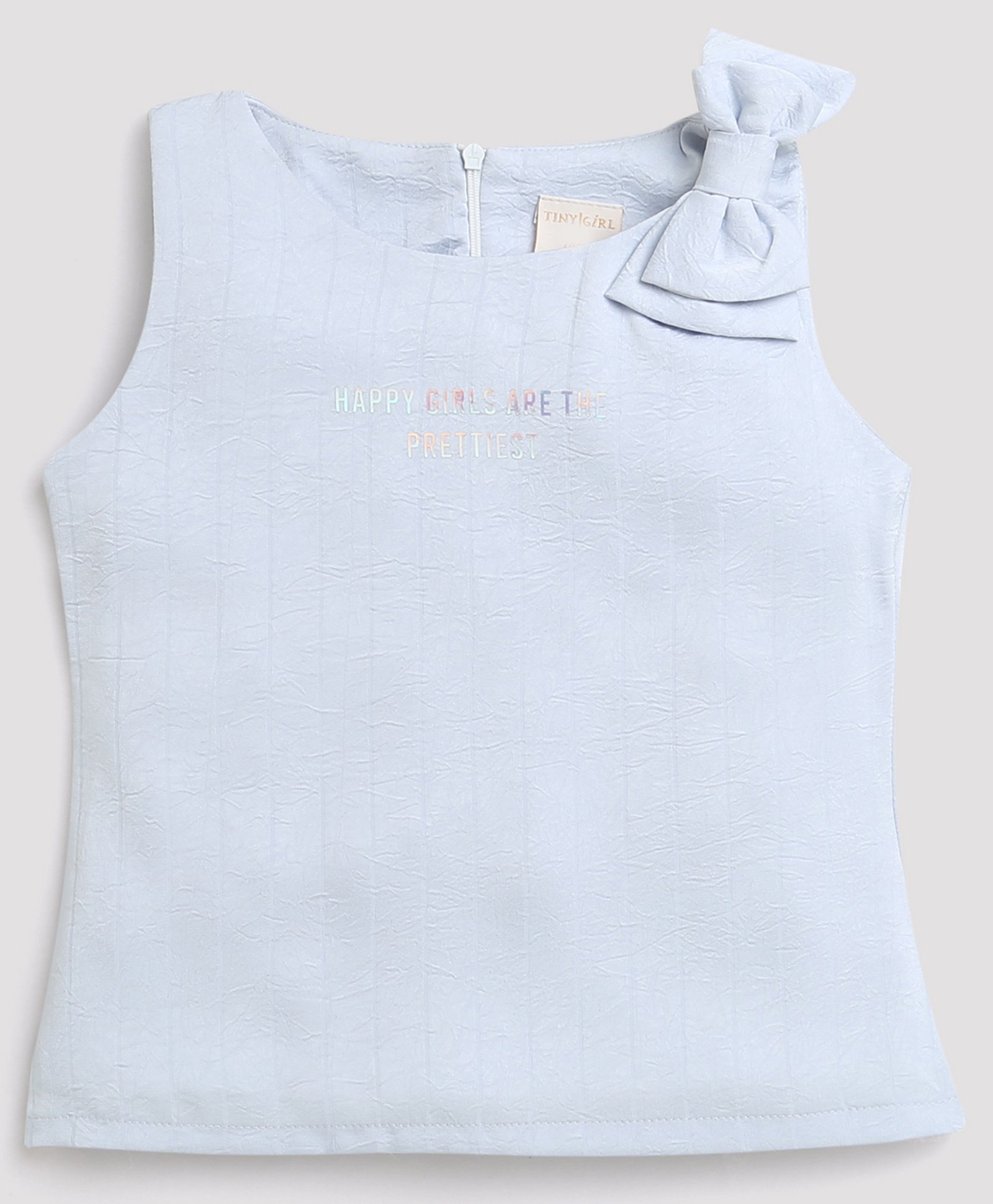 Tiny Girl Sleeveless Bow Appliqued Crumpled Design  Top - Powder Blue-picture-31