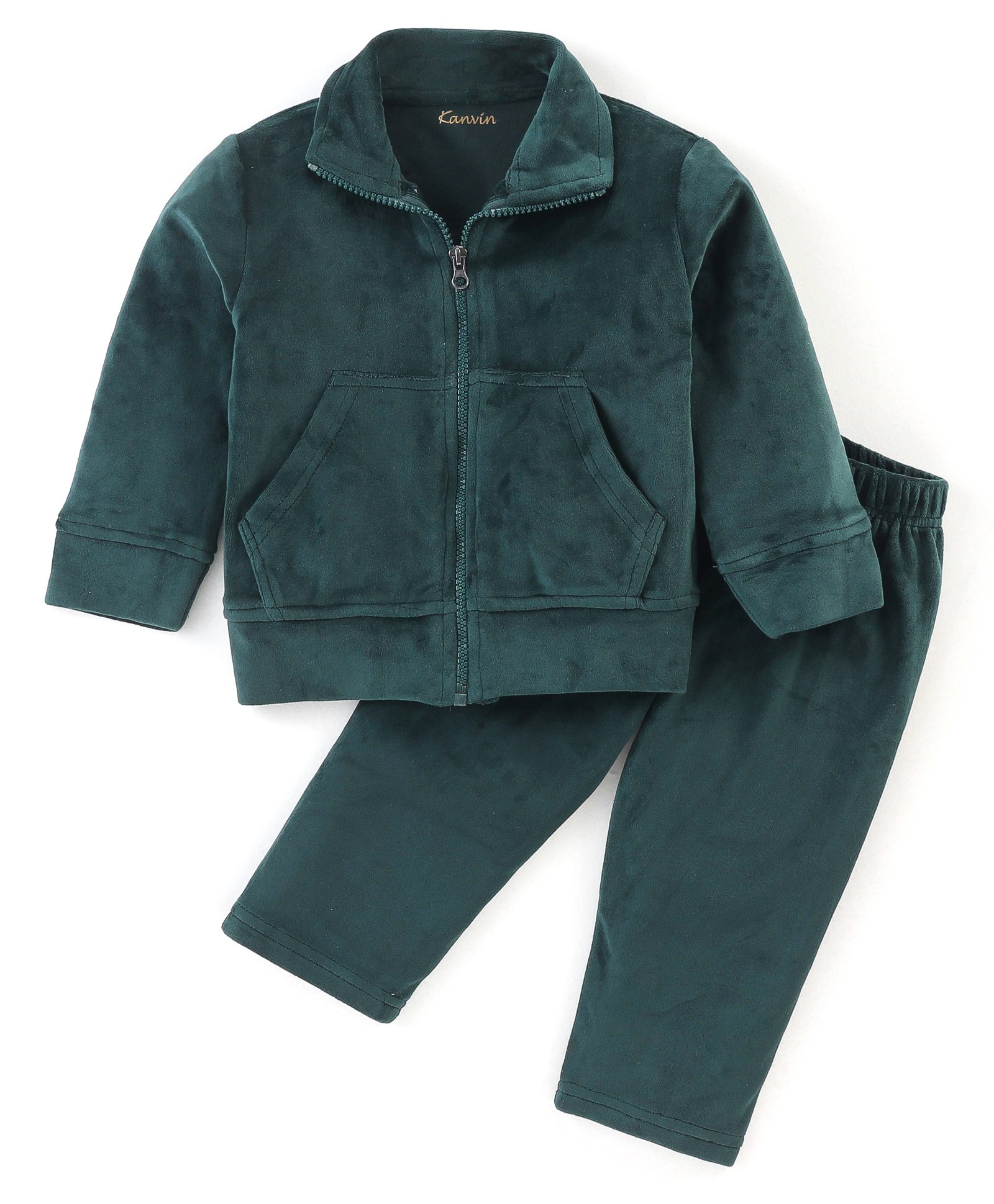 Kanvin Full Sleeves Velour Solid Colored Winter Wear Night Suit with Embroidery - Green-image-22