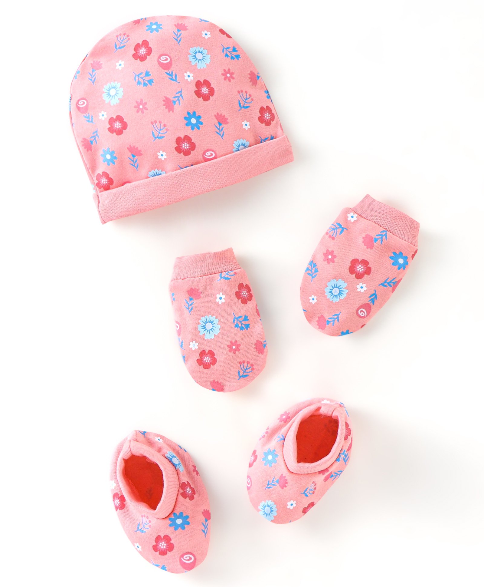 Babyhug 100% Cotton Cap Mittens & Booties Set Floral Print - Pink-image-47
