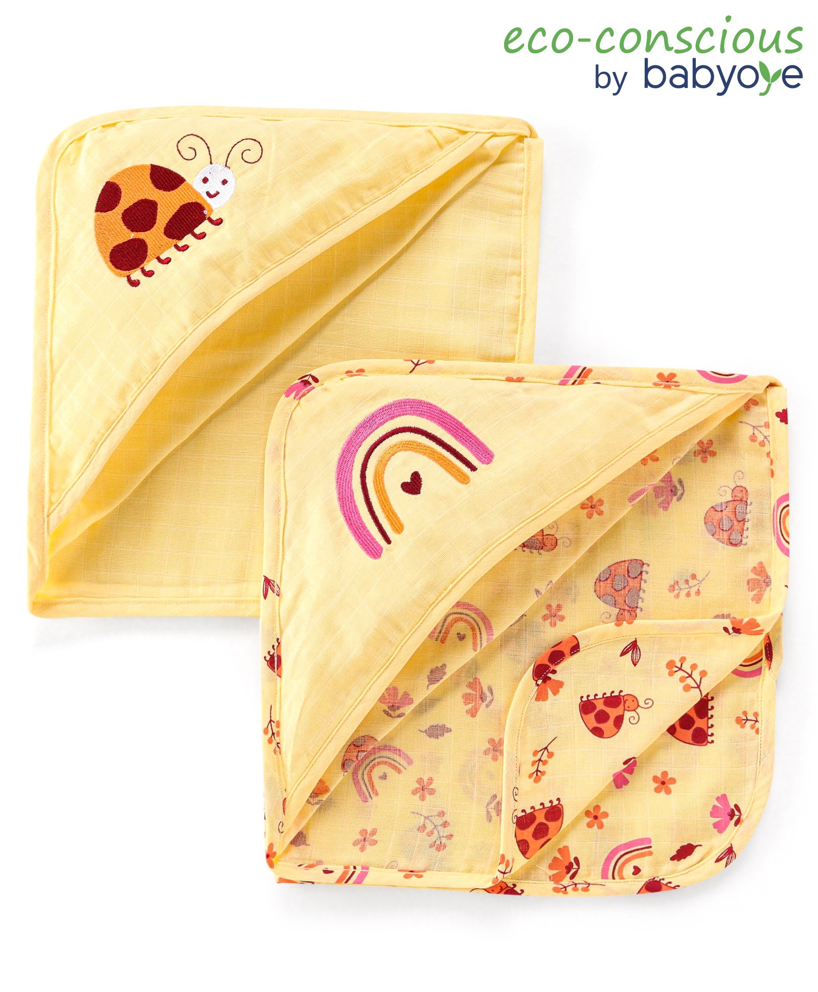 Babyoye Eco-Conscious Hooded Bath Towel cum Wrapper Rainbow Embroidery L 62 x B 62 cm Pack of 2 - Pink-image-44