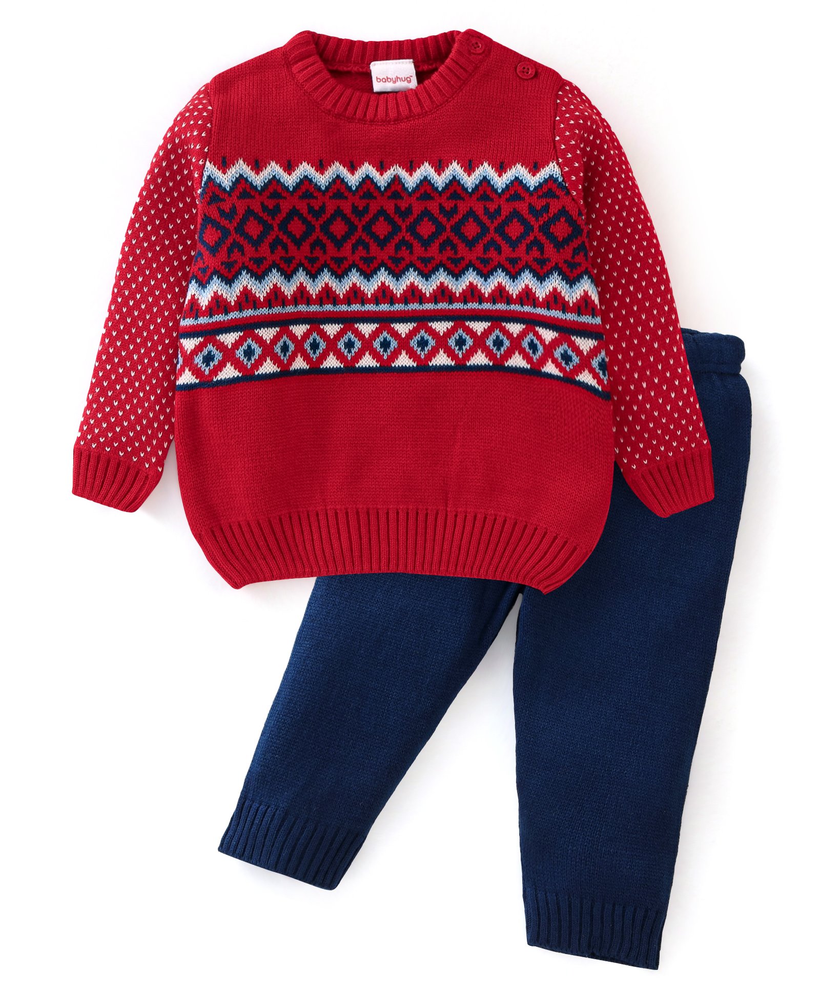 Babyhug Full Sleeves Sweater Set Intarsia Design- Red & Navy Blue-picture-27