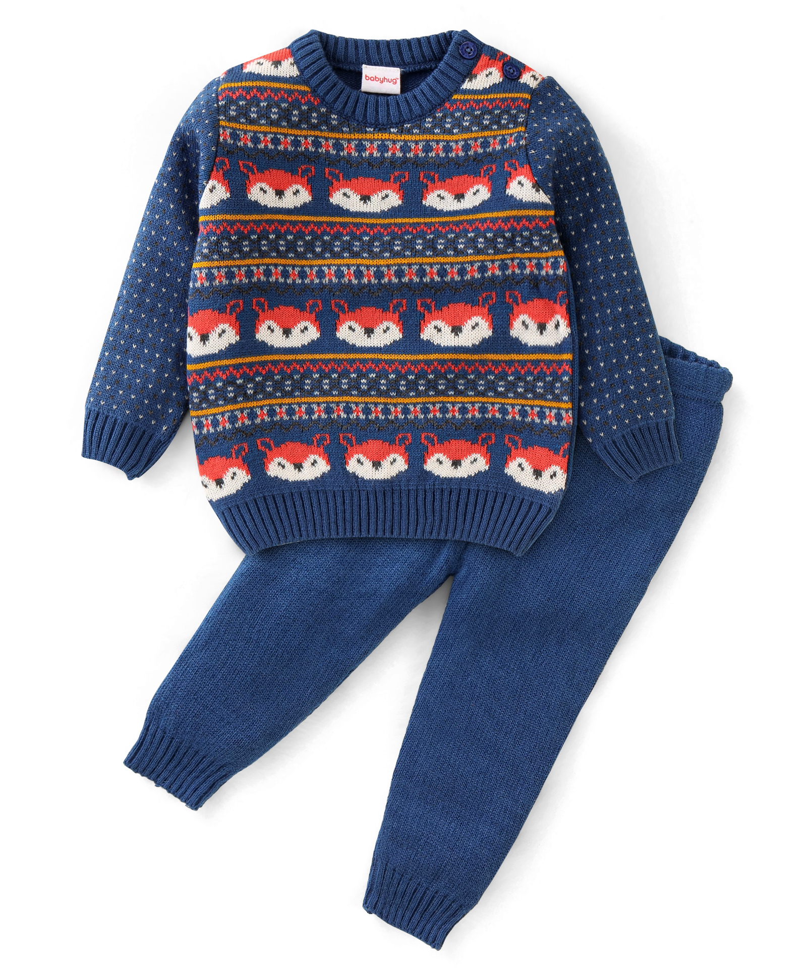 Babyhug Acrylic Knit Full Sleeves Sweater Set With Fox Design - Navy Blue