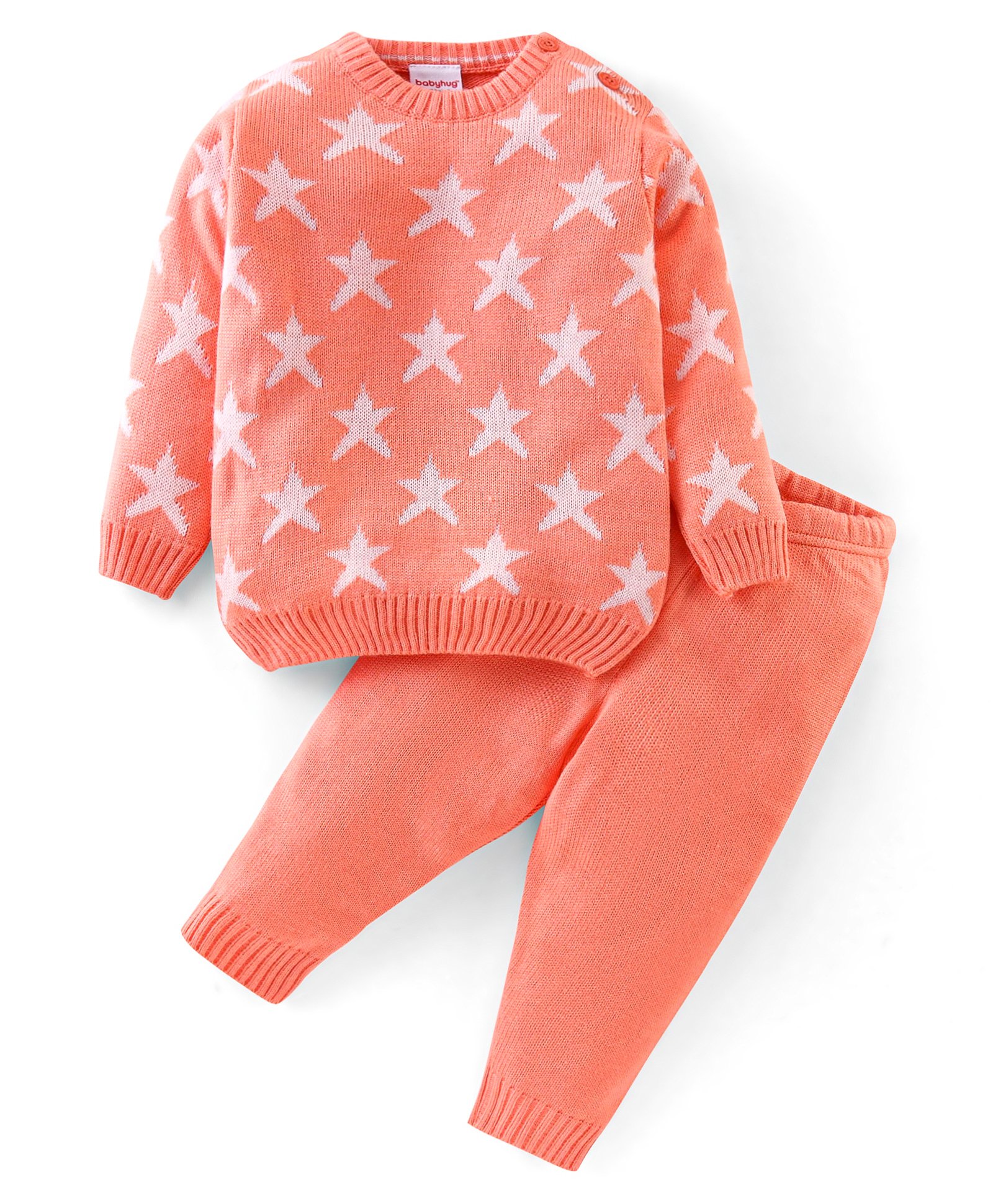 Babyhug Acrylic Knit Full Sleeves Sweater Set with Star Design - Peach-image-15