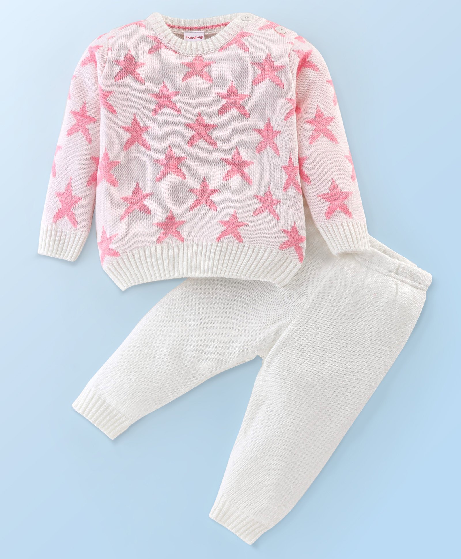Babyhug Acrylic Knit Full Sleeves Star Print Baby Sweater Sets - OffWhite-image-44