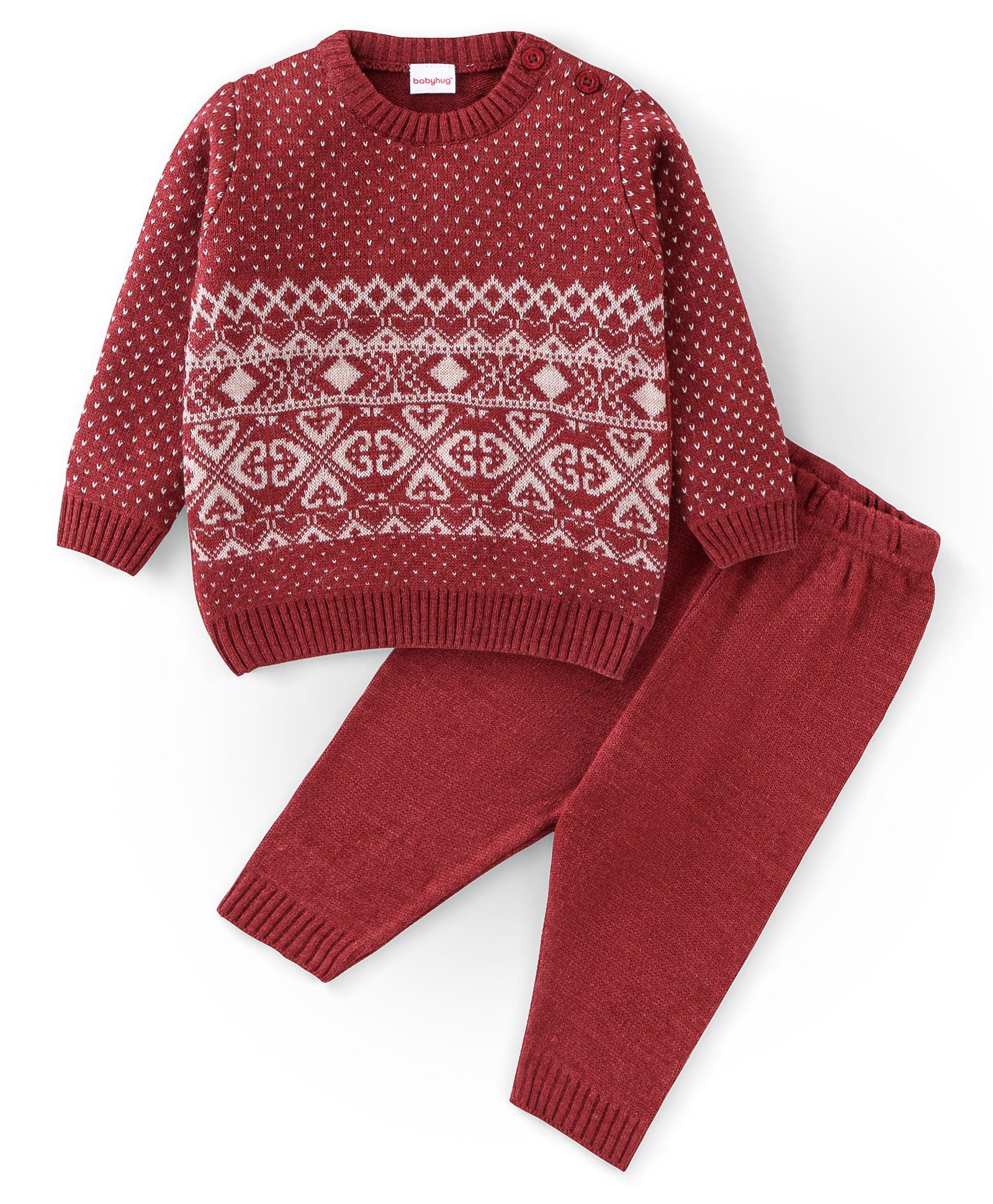 Babyhug Acrylic Full Sleeves Sweater Set With Ikat Print - Red-image-26
