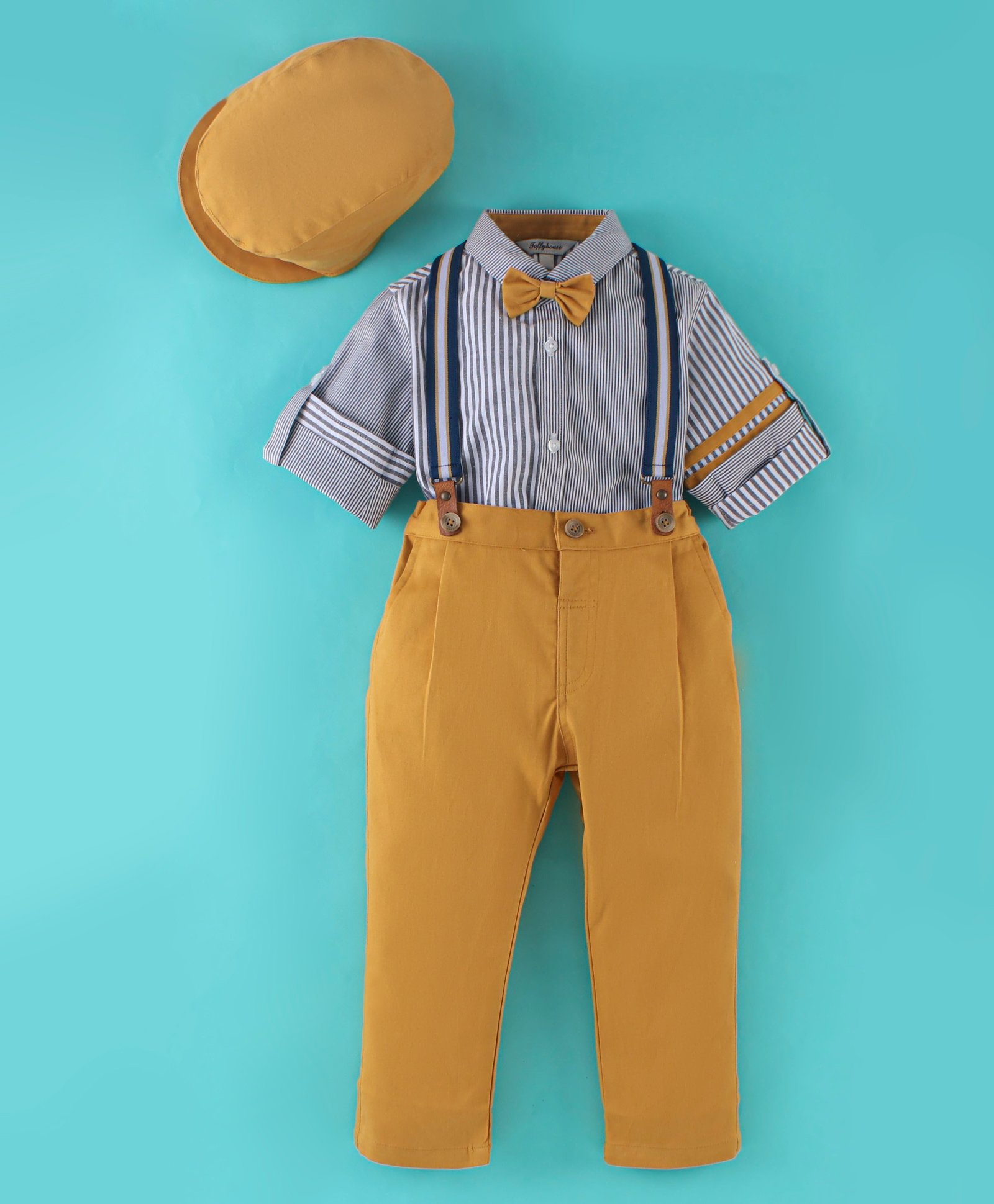 ToffyHouse 100% Woven Cotton Full Sleeves Striped Shirt with Trouser Bow & Suspenders - Yellow Gold & Grey-picture-0