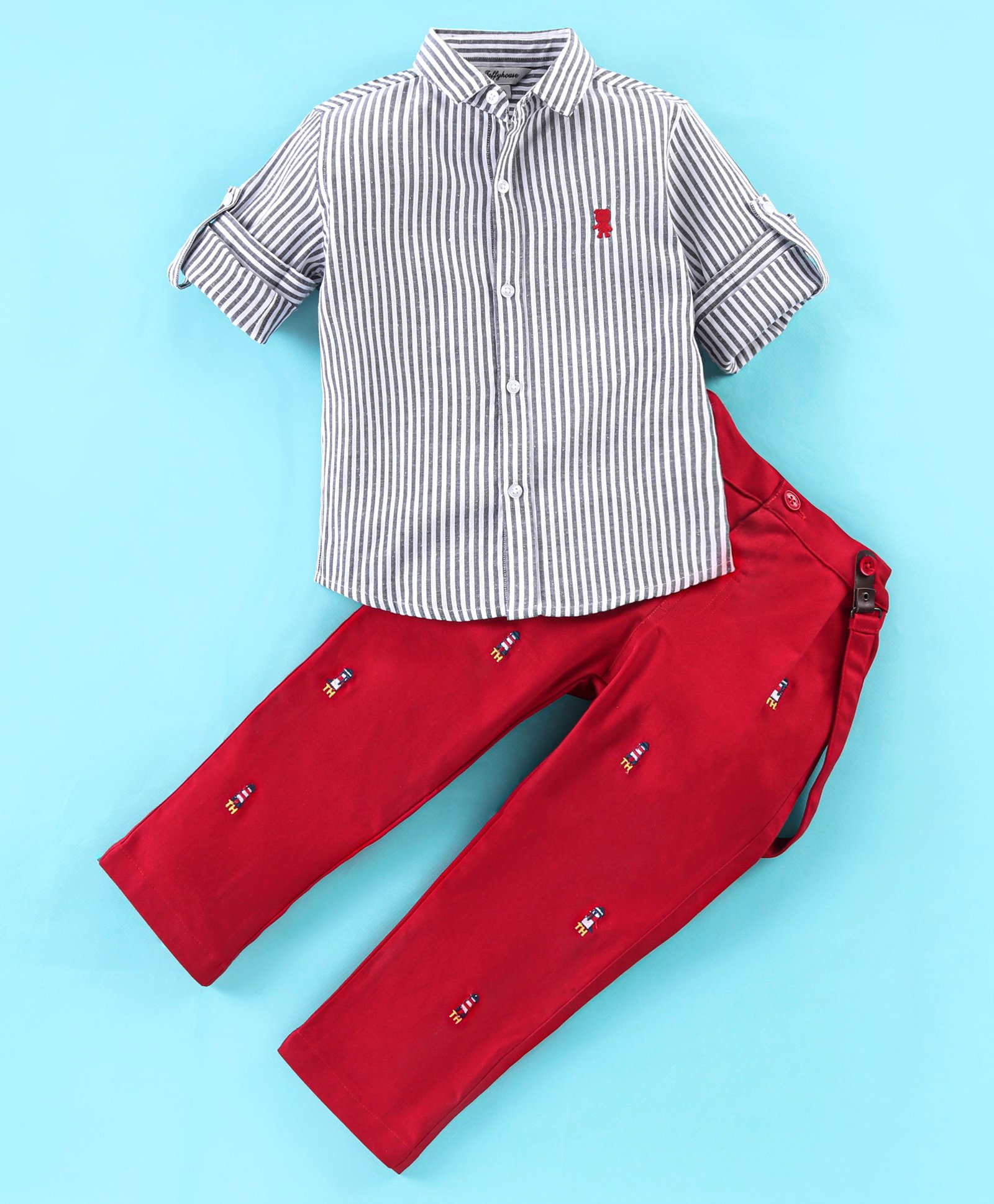 ToffyHouse 100% Woven Cotton Full Sleeves Striped Shirt with Trouser & Suspenders Anchor Print - Red & Blue-picture-28