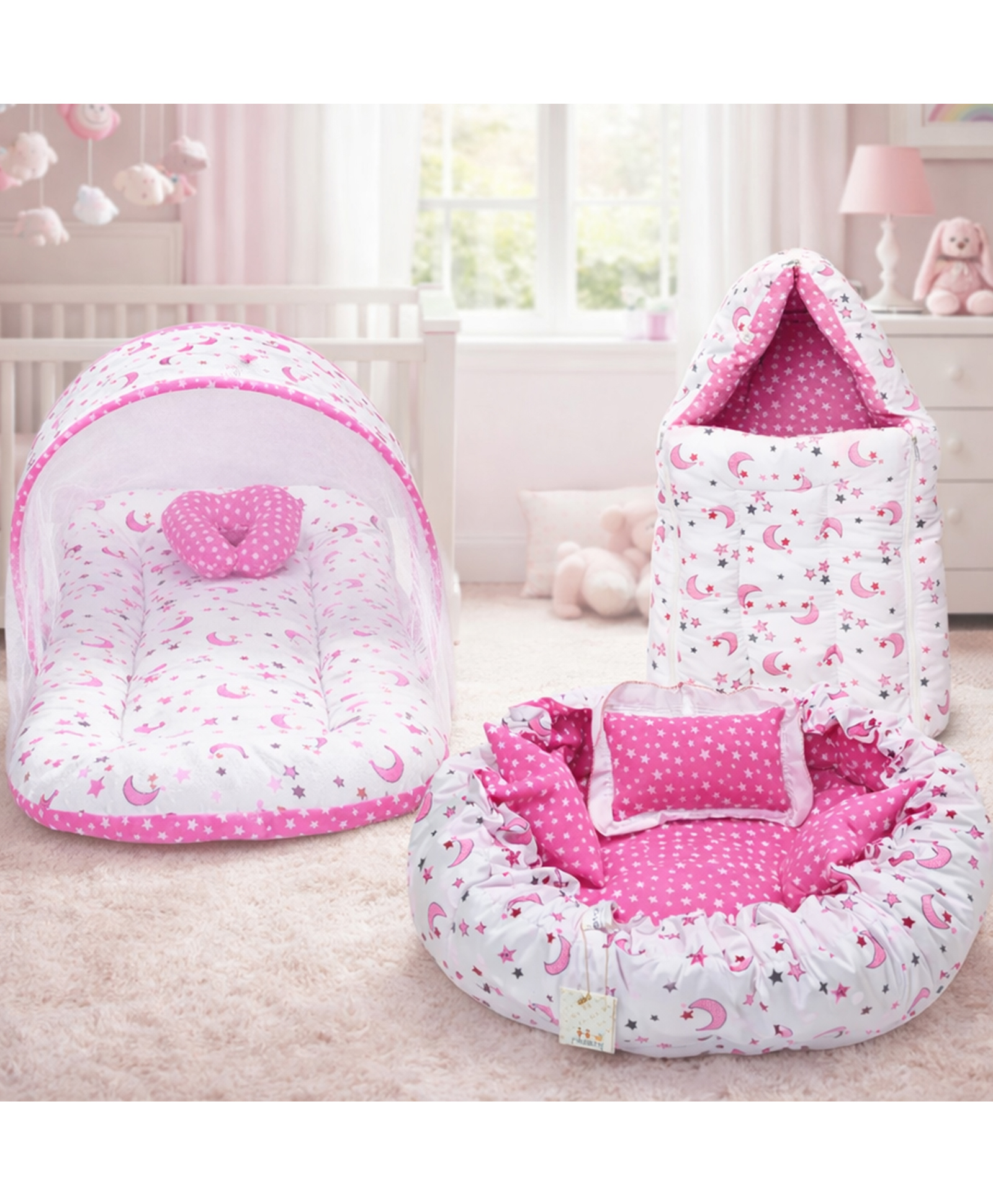Fareto Combo of 4 Pcs Bedding Set Baby Nest Net with Bed & Carry Bag Moon Print - Pink-image-48