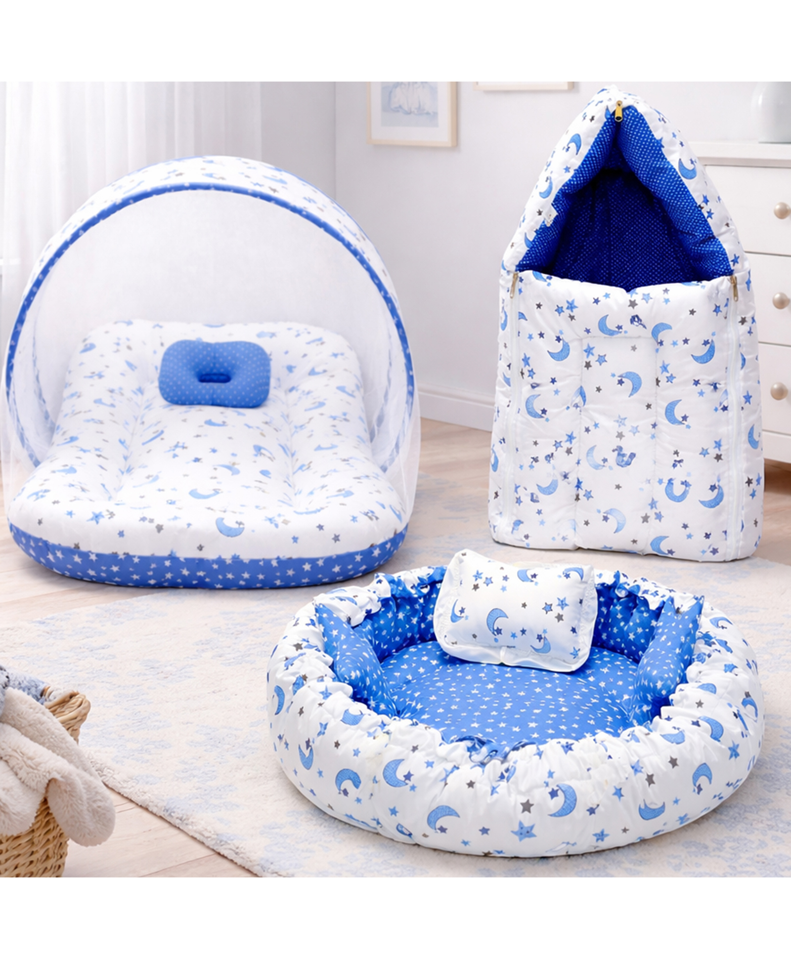 Fareto Combo of 4 Pcs Bedding Set Baby Nest Net with Bed & Carry Bag Moon Print - Blue-image-20
