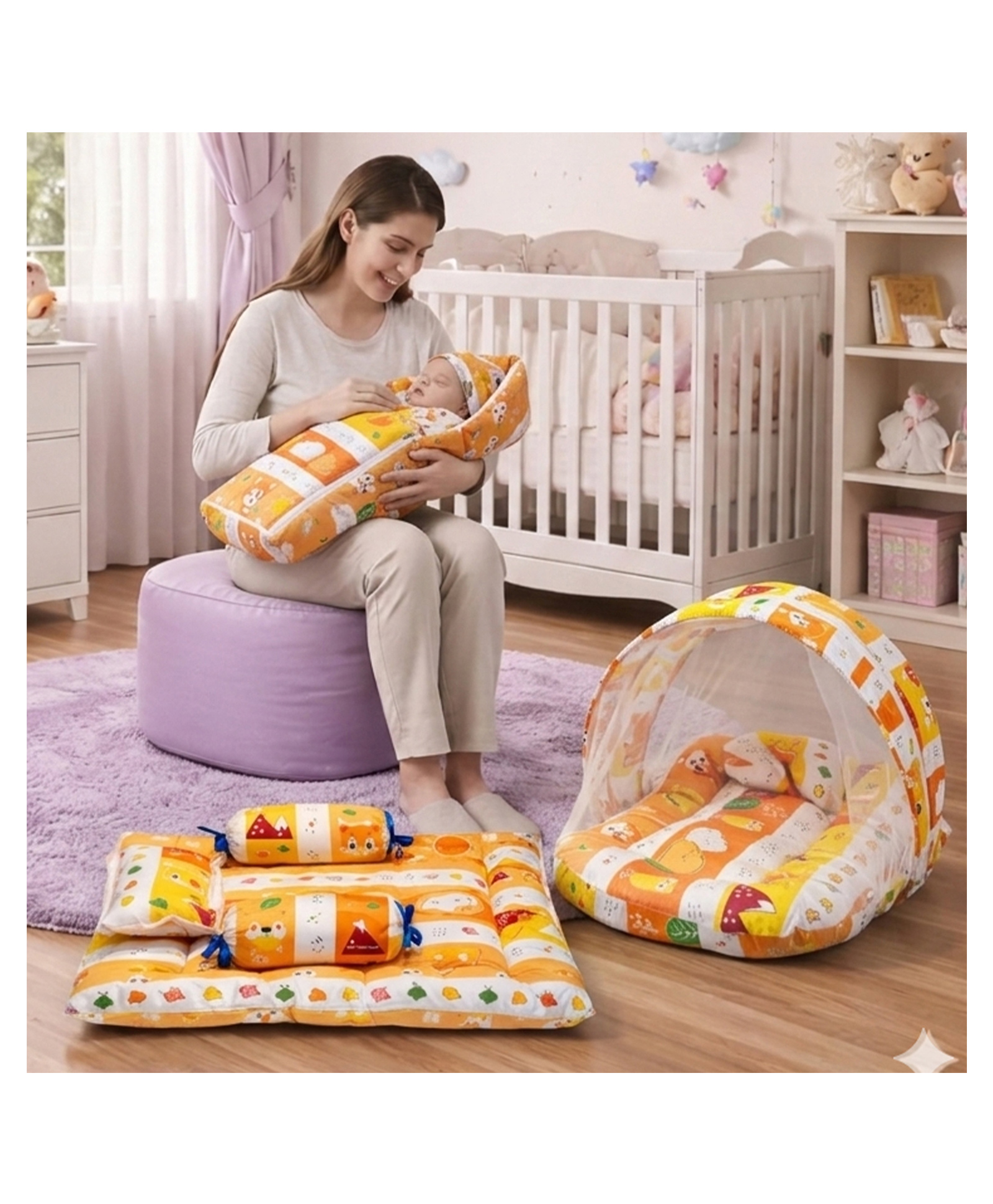 Fareto Combo of 4 Pcs Bedding Set Baby Bed with Net Carry Bag Fox Print - Orange-image-28