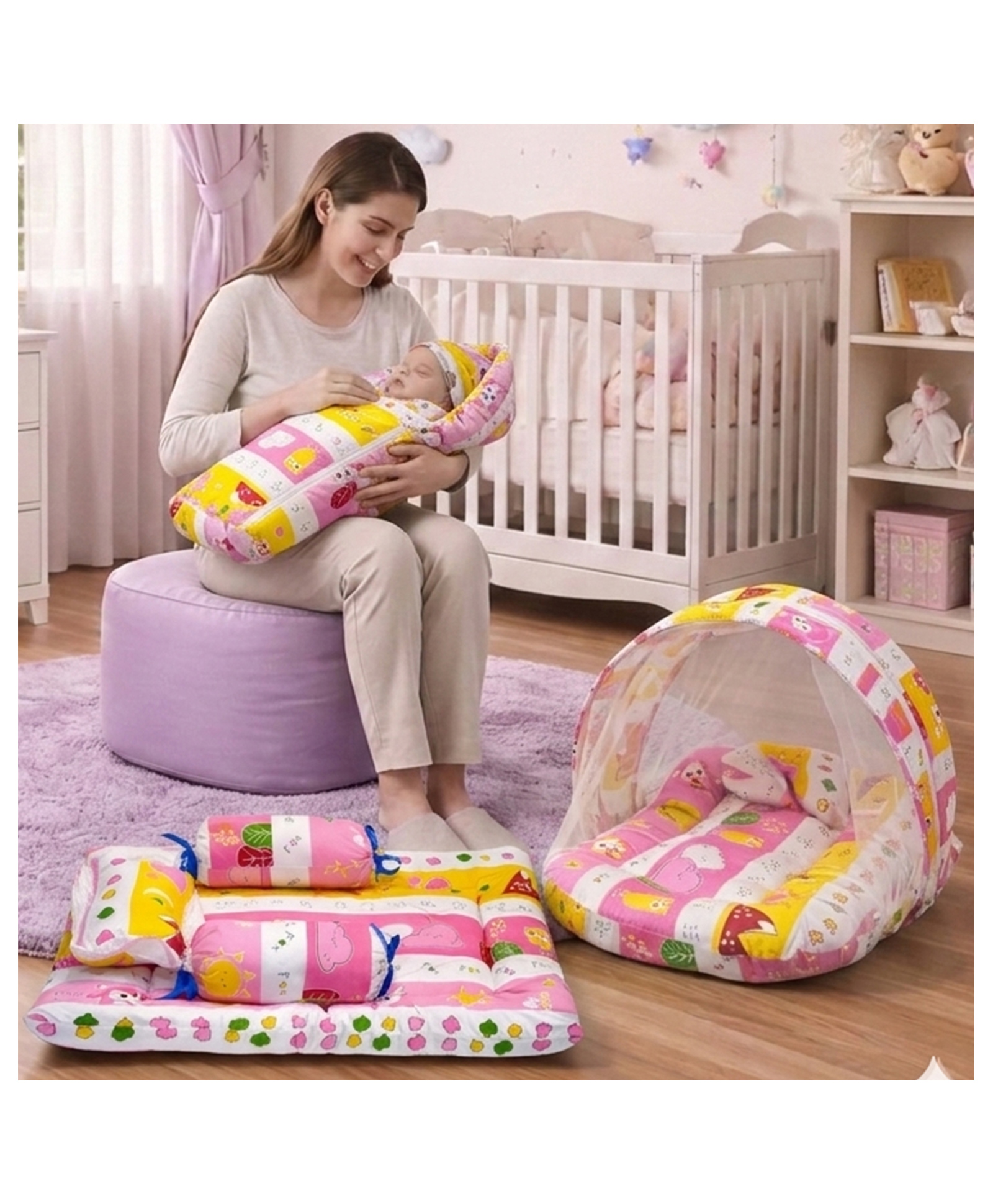 Fareto Combo of 4 Pcs Bedding Set Baby Bed with Net Carry Bag Fox Print - Pink-image-12