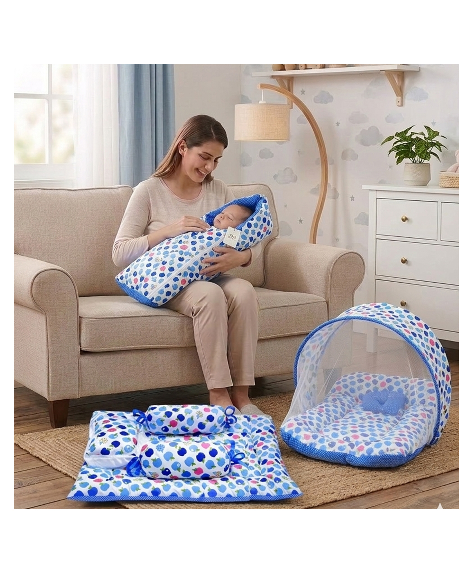 Fareto Combo of 4 Pcs Bedding Set Baby Bed with Net Carry Bag - Blue-image-35