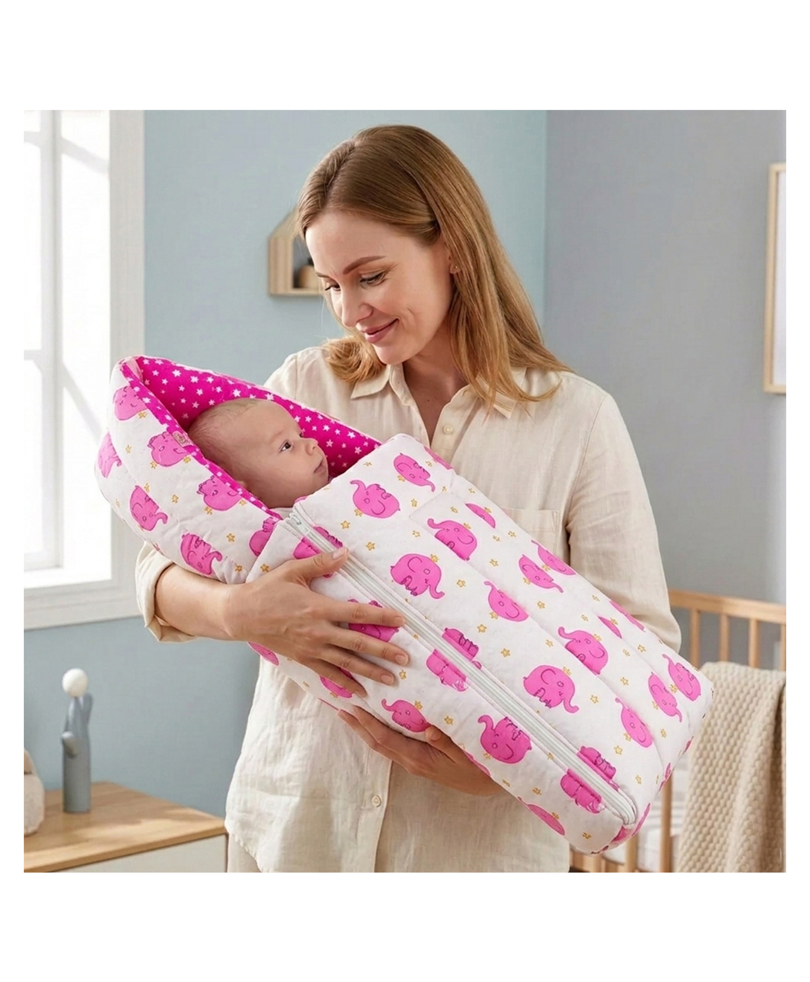Fareto 3 In 1 Cotton Baby Bed Sleeping Bag & Carry Nest Elephant Print - Pink-picture-39
