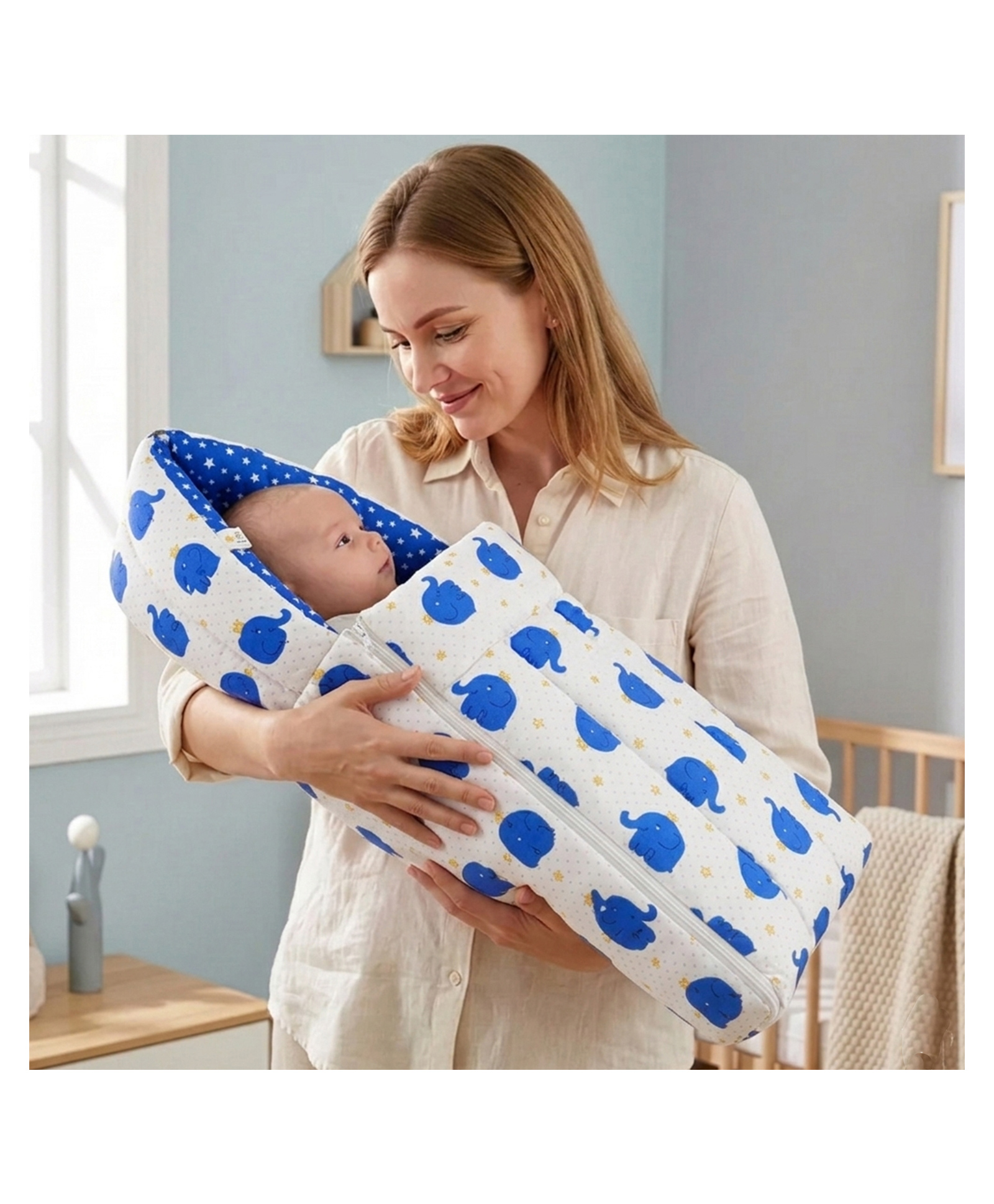 Fareto 3 In 1 Cotton Baby Bed Sleeping Bag & Carry Nest Elephant Print - Blue-image-36