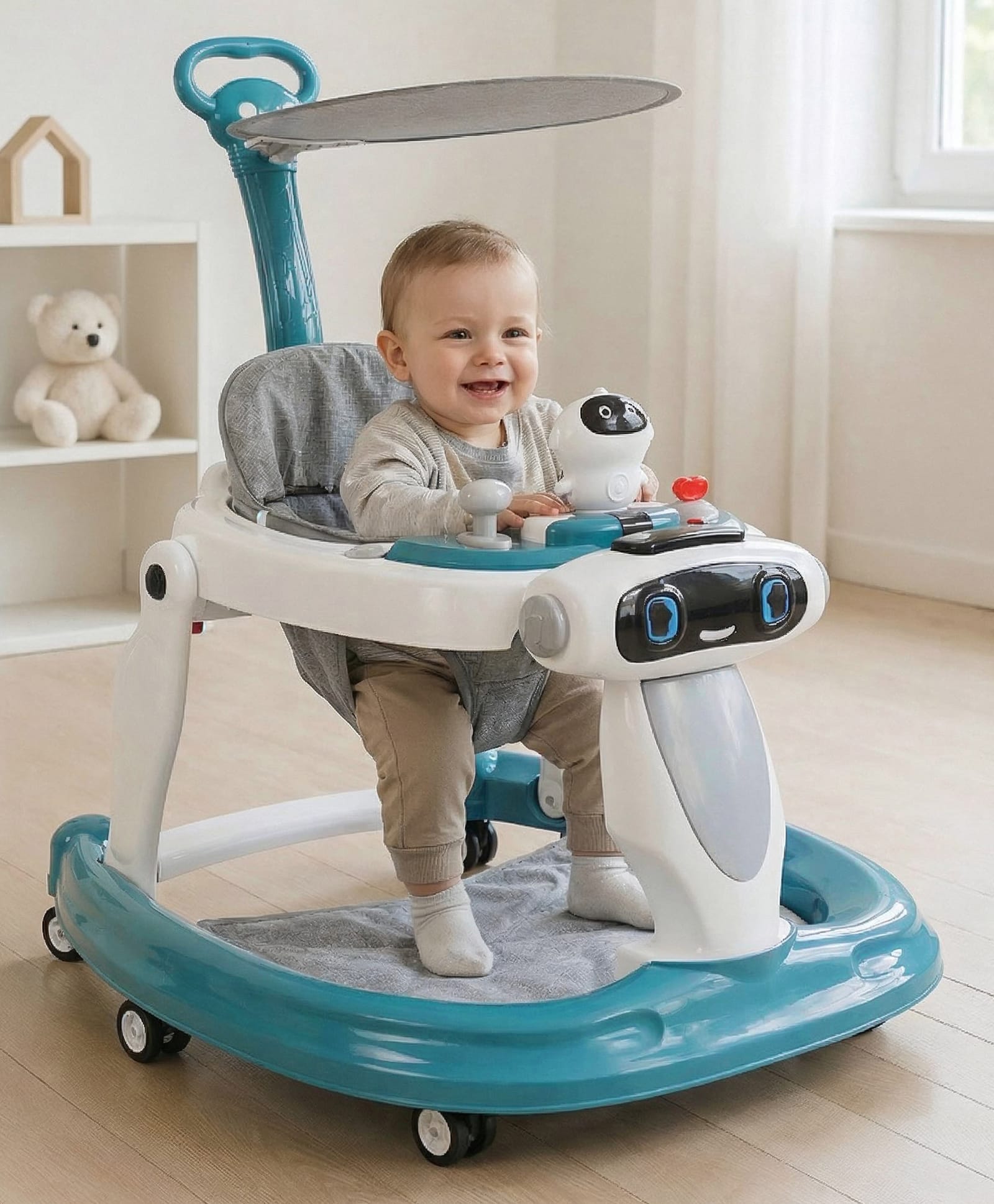 fab n funky Baby Multifunctional Robotic Shape Adjustable Height Musical Activity Cum Push Walker with Canopy & Parental Push Handle- Blue-picture-35