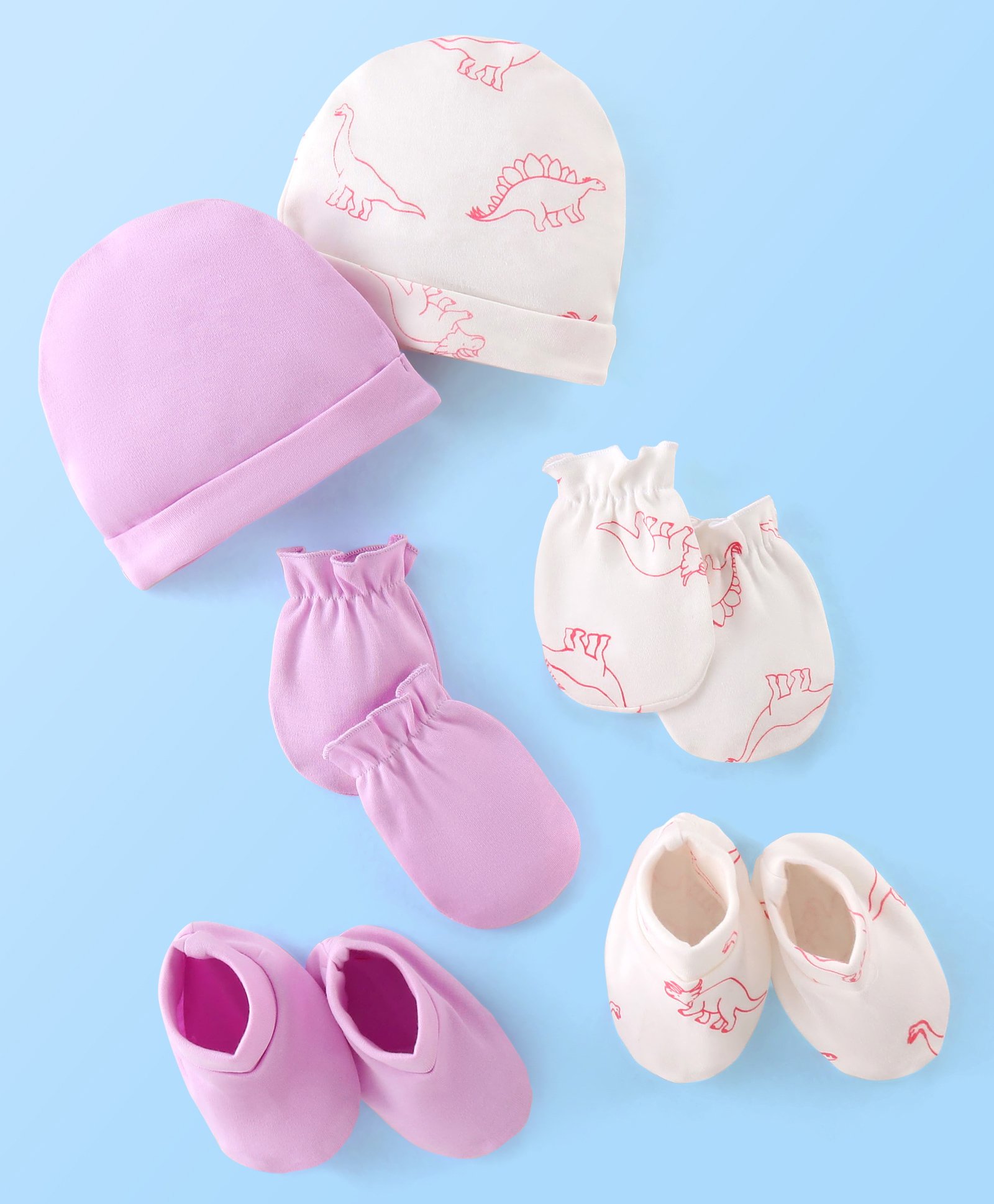 Doodle Poodle 100% Cotton Interlock Cap Mittens & Booties Dino Print Pack of 2 - Purple & White-image-33