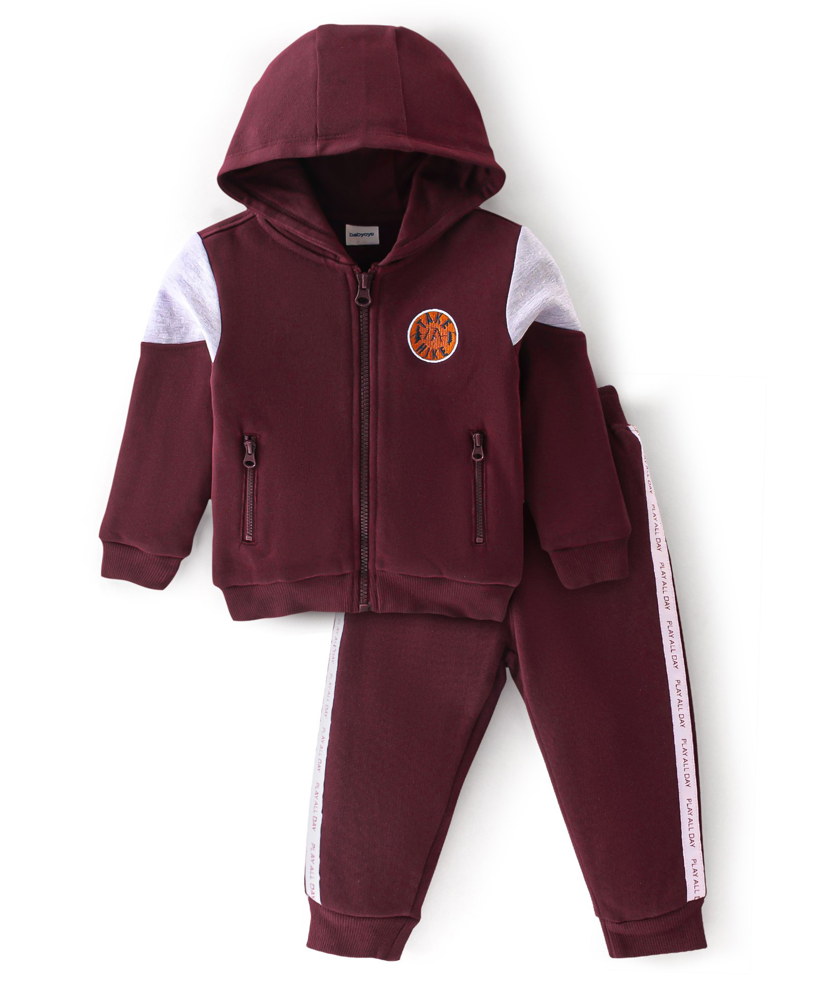 Babyoye 100% Cotton Full sleeves Hooded Winter Wear Suit with Text Embroidered - Red-image-10