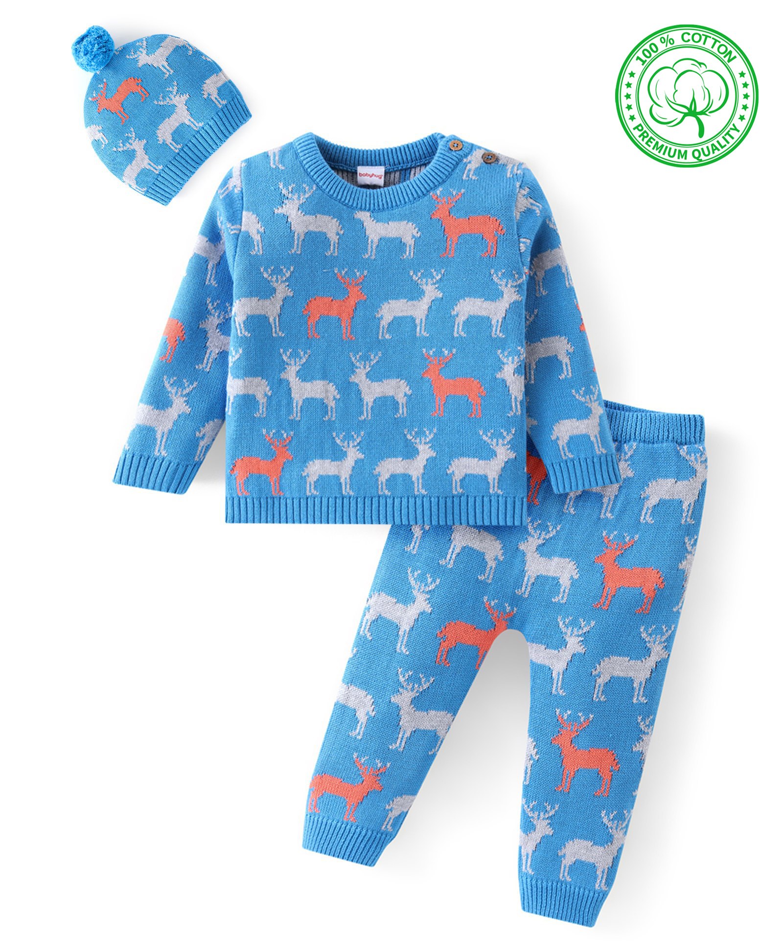 Babyhug Organic Cotton Knit Full Sleeves Baby Sweater Set with Cap & Reindeer Design - Blue-image-33