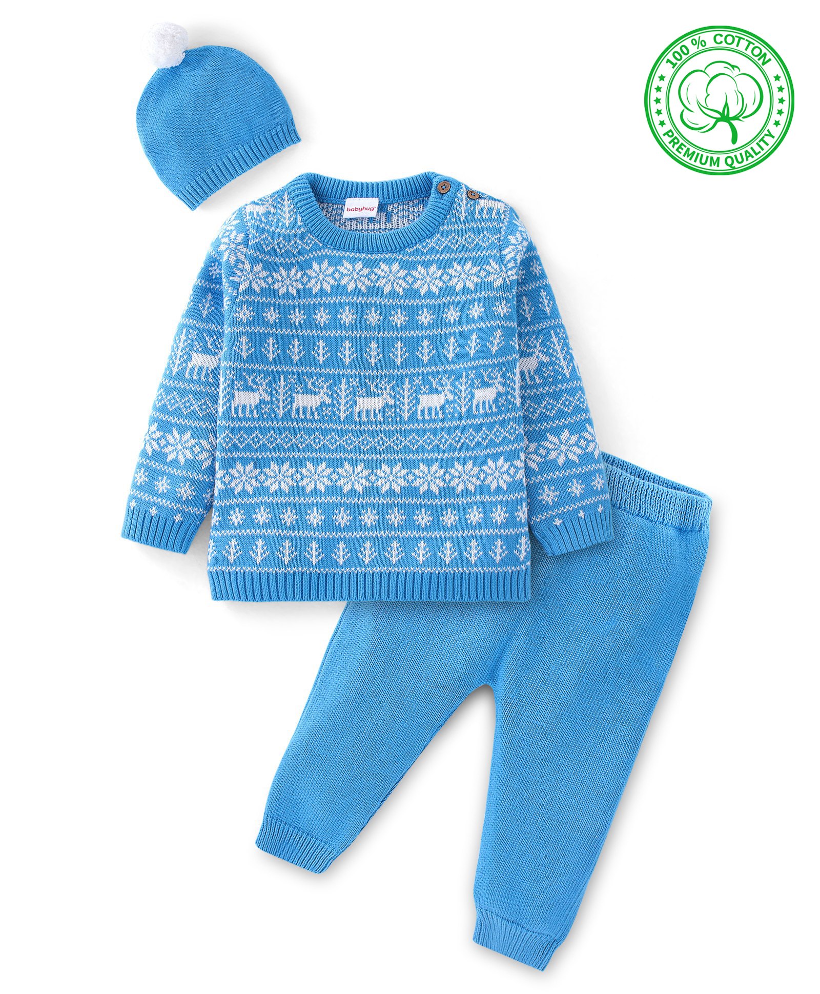 Babyhug Organic Cotton Knit Full Sleeves Sweater Set with Cap Reindeer Design - Blue-picture-14