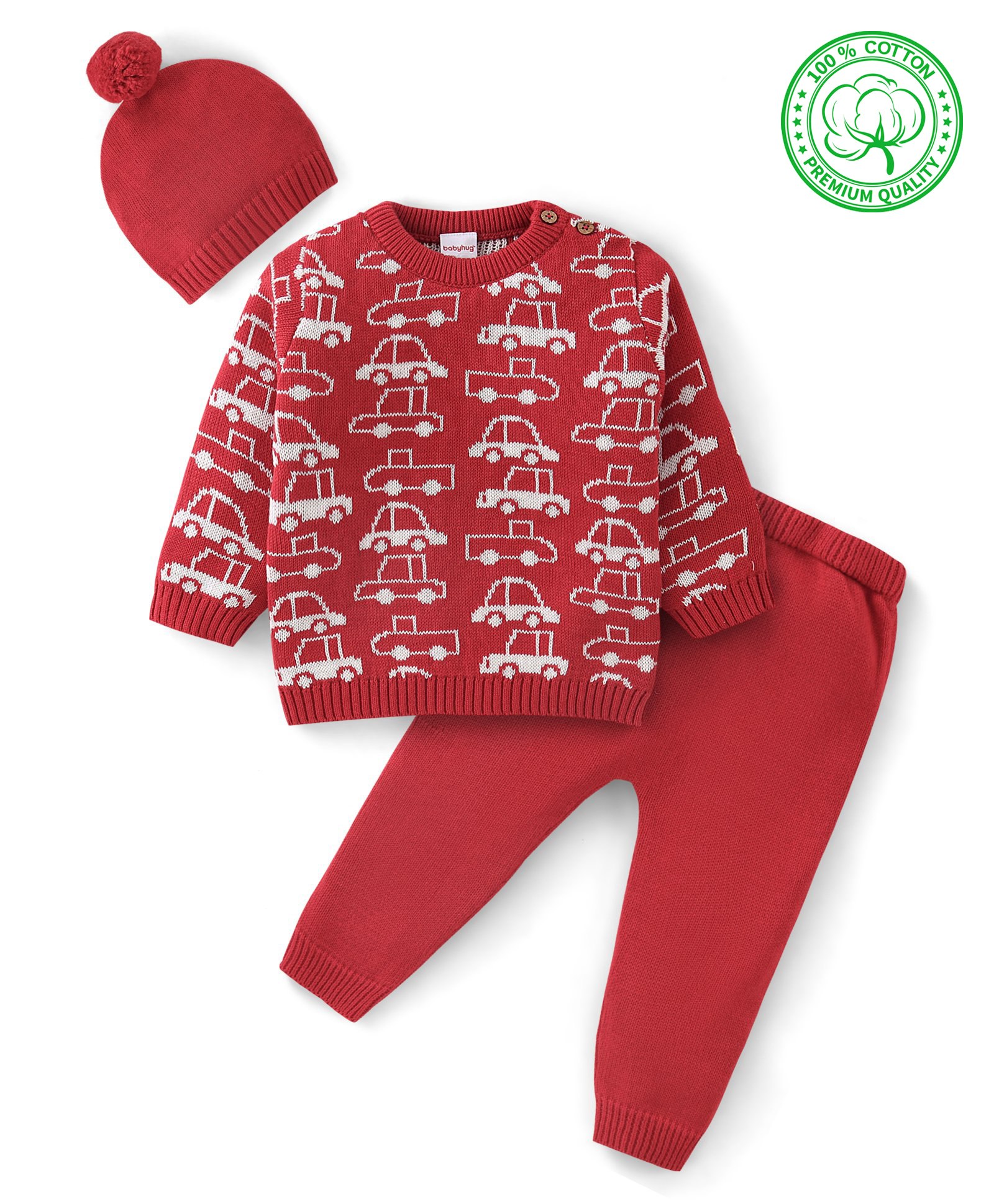 Babyhug Organic Cotton Full Sleeves Car Design Sweater Set with Cap - Red-picture-28